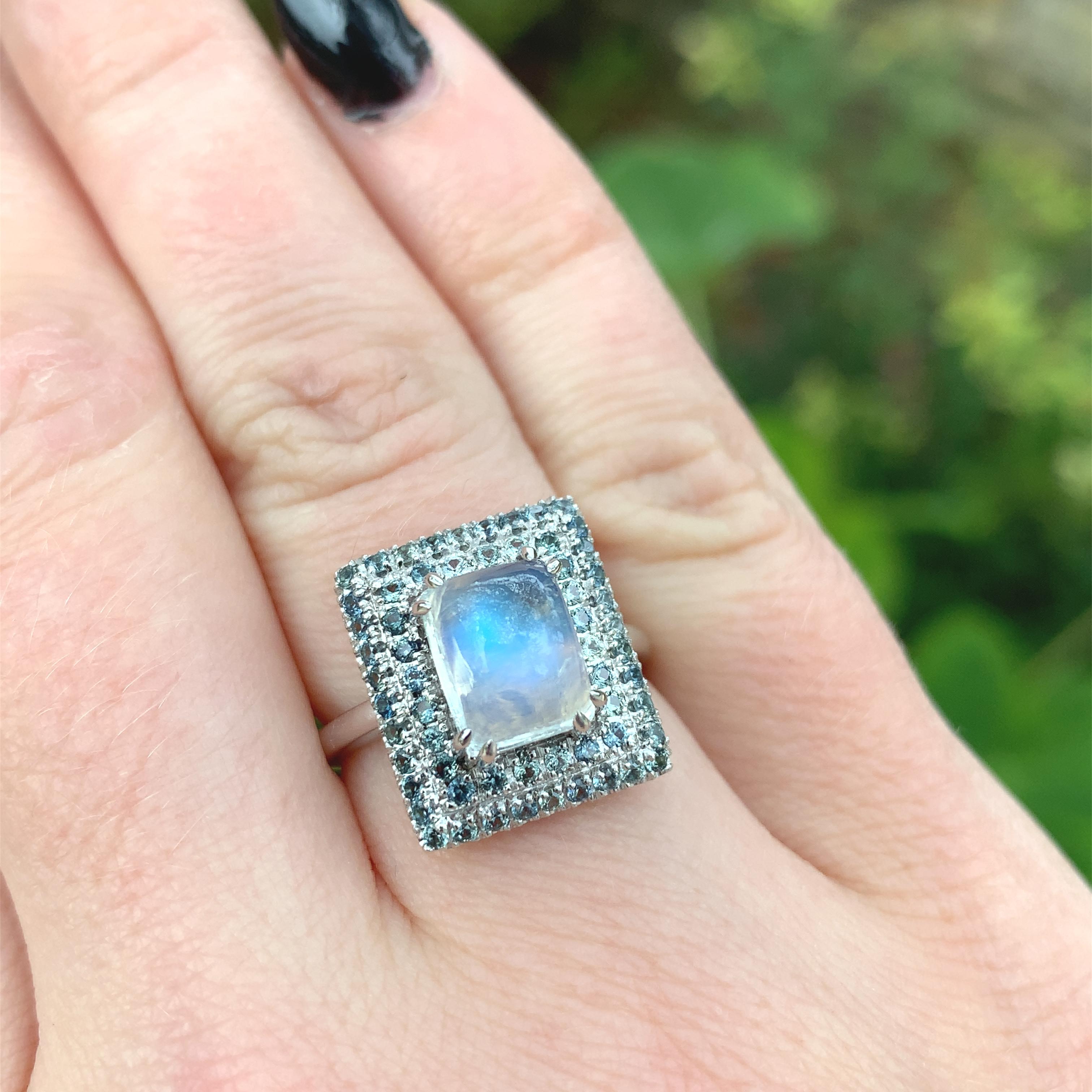 14K White Gold Rainbow Moonstone and Teal Sapphire Ring For Sale 1