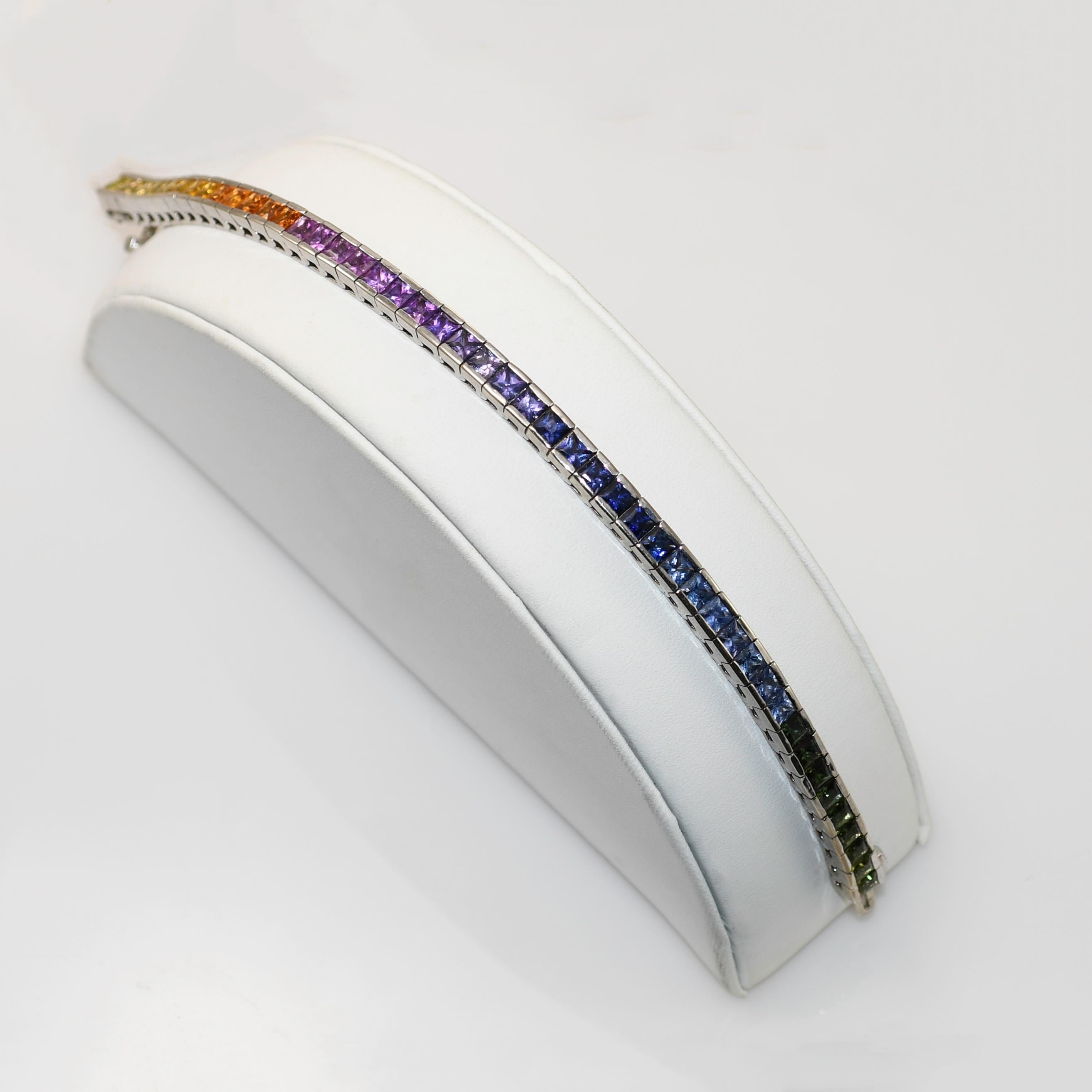 Square Cut 14K White Gold Rainbow Sapphire Bracelet, 15ct, 27.3g