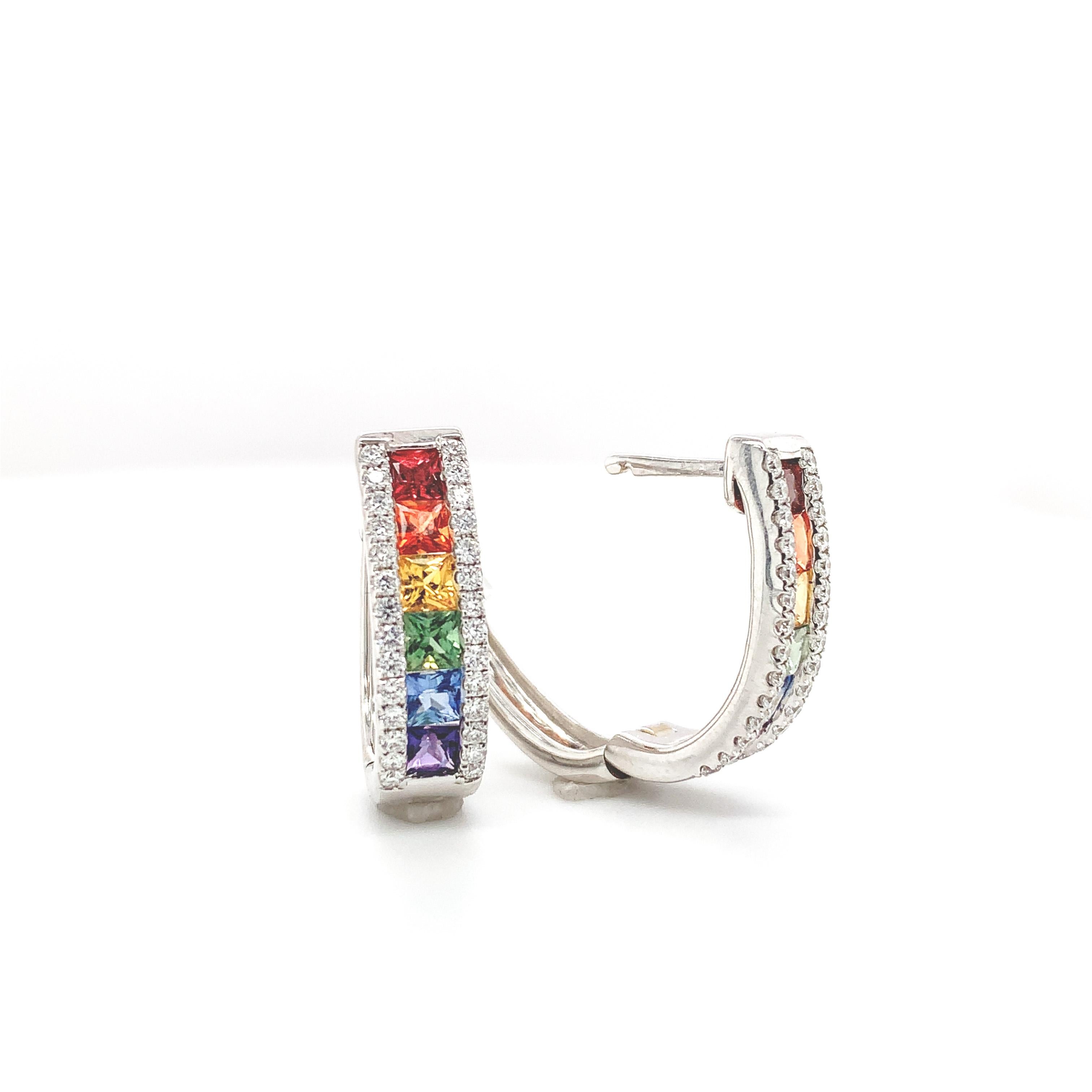 14K  Boucles d'oreilles ovales en or blanc avec saphirs arc-en-ciel et diamants Neuf - En vente à Big Bend, WI