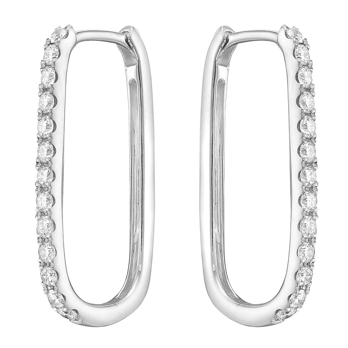 These 14K White Gold Rectangle Diamond Hoop Earrings are a stylish and elegant choice for any occasion. Made from 2.7 grams of solid white gold, they are lightweight and comfortable to wear all day. The unique rectangular shape gives them a modern