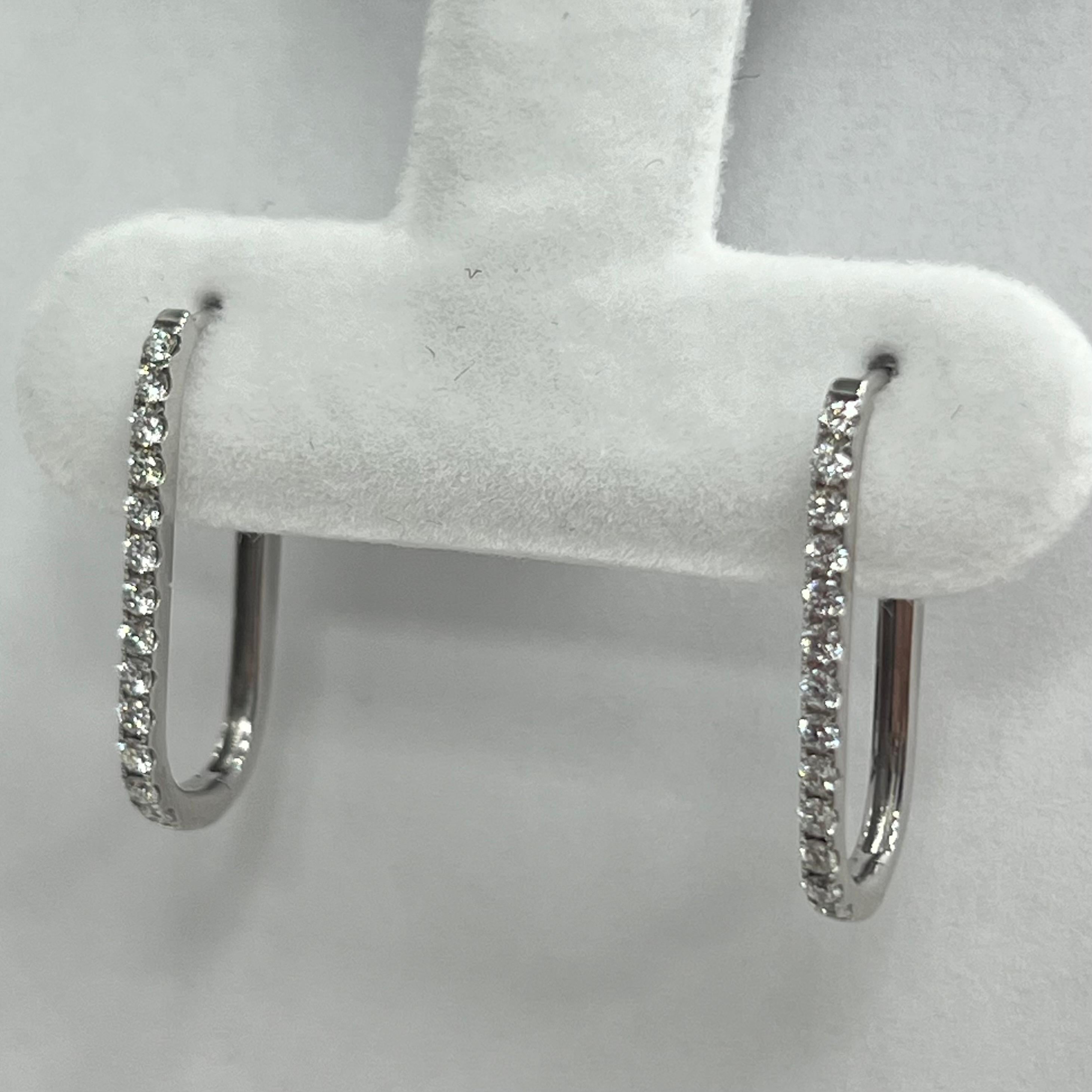 Modern 14K White Gold Rectangle Diamond Hoop Earrings For Sale