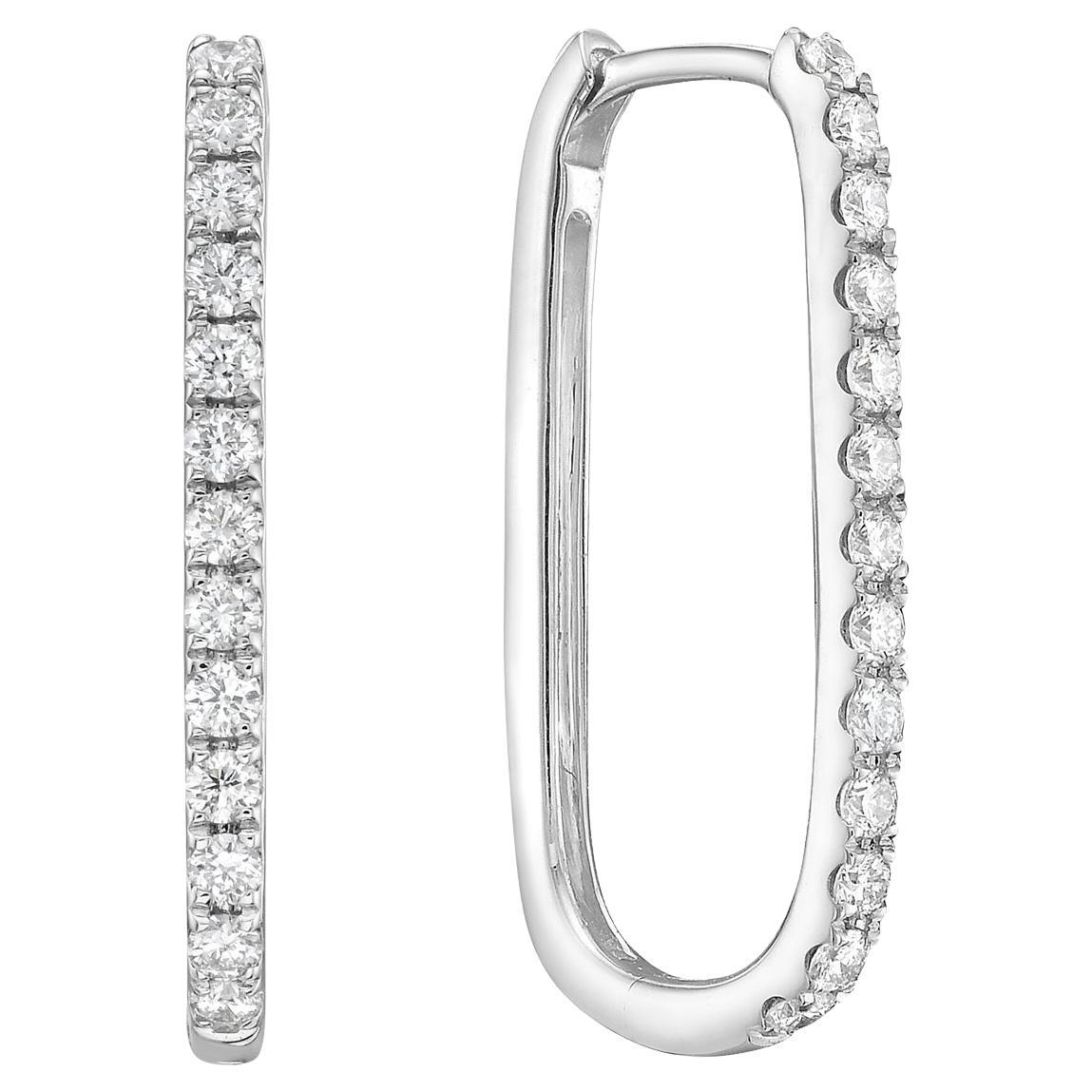 14K White Gold Rectangle Diamond Hoop Earrings