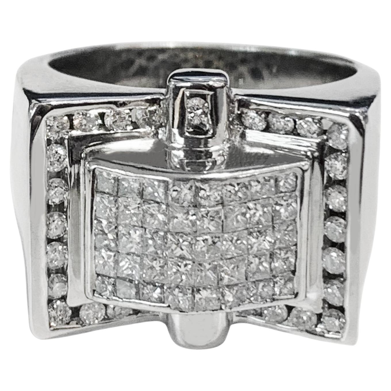 14k White Gold Rectangle Ring with Diamonds, Custom Made For Sale