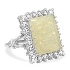 14K White Gold Rectangular Cabochon Cut White Opal and Round Diamond Halo Ring