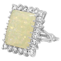 14K White Gold Rectangular Cabochon Cut White Opal and Round Diamond Halo Ring