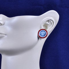 14K White Gold Red Enamel Hand-Carved Versace Medusa Agate Cameo Studs Earrings