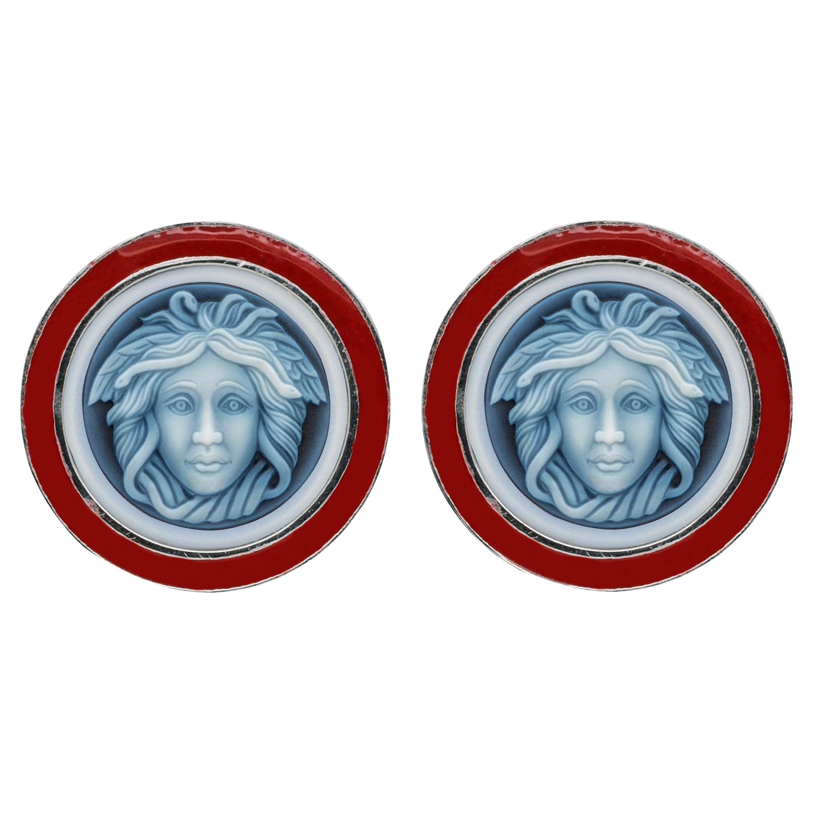 14K White Gold Red Enamel Hand-Carved Versace Medusa Agate Cameo Studs Earrings