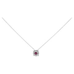 14K White Gold Red Ruby and 1/3 Cttw Diamond Halo Pendant Necklace