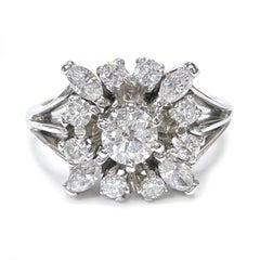 14K White Gold Retro Marquise & Round Diamond Cluster Ring, 0.97ctw