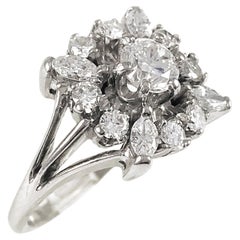 14K White Gold Retro Marquise & Round Diamond Cluster Ring, 0.97ctw