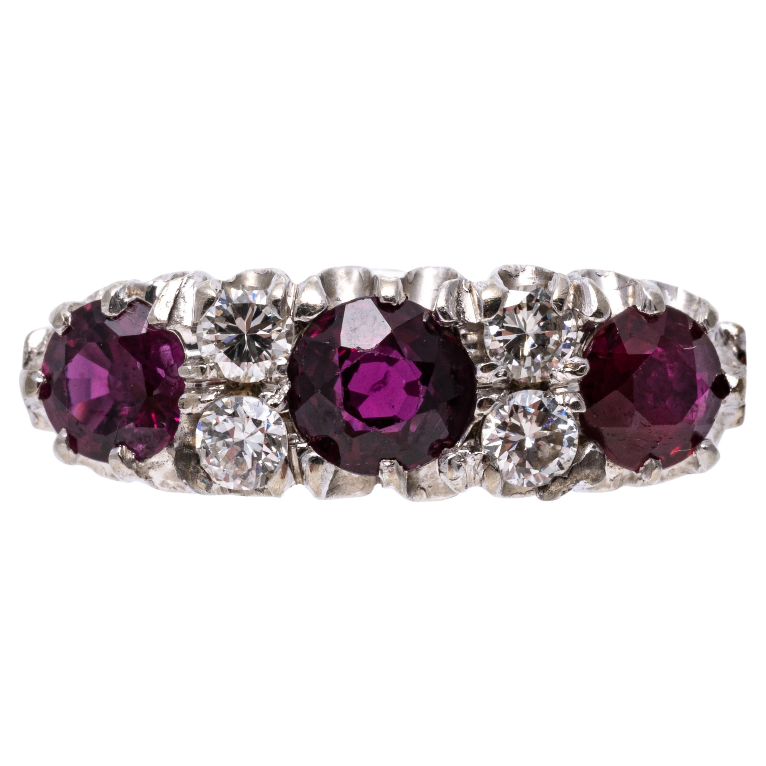 14k White Gold Retro Style Alternating Ruby and Diamond Band Ring