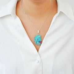 18K White Gold Reversible Hand-Engraved Turquoise Ruby Diamond Sapphire Pendant