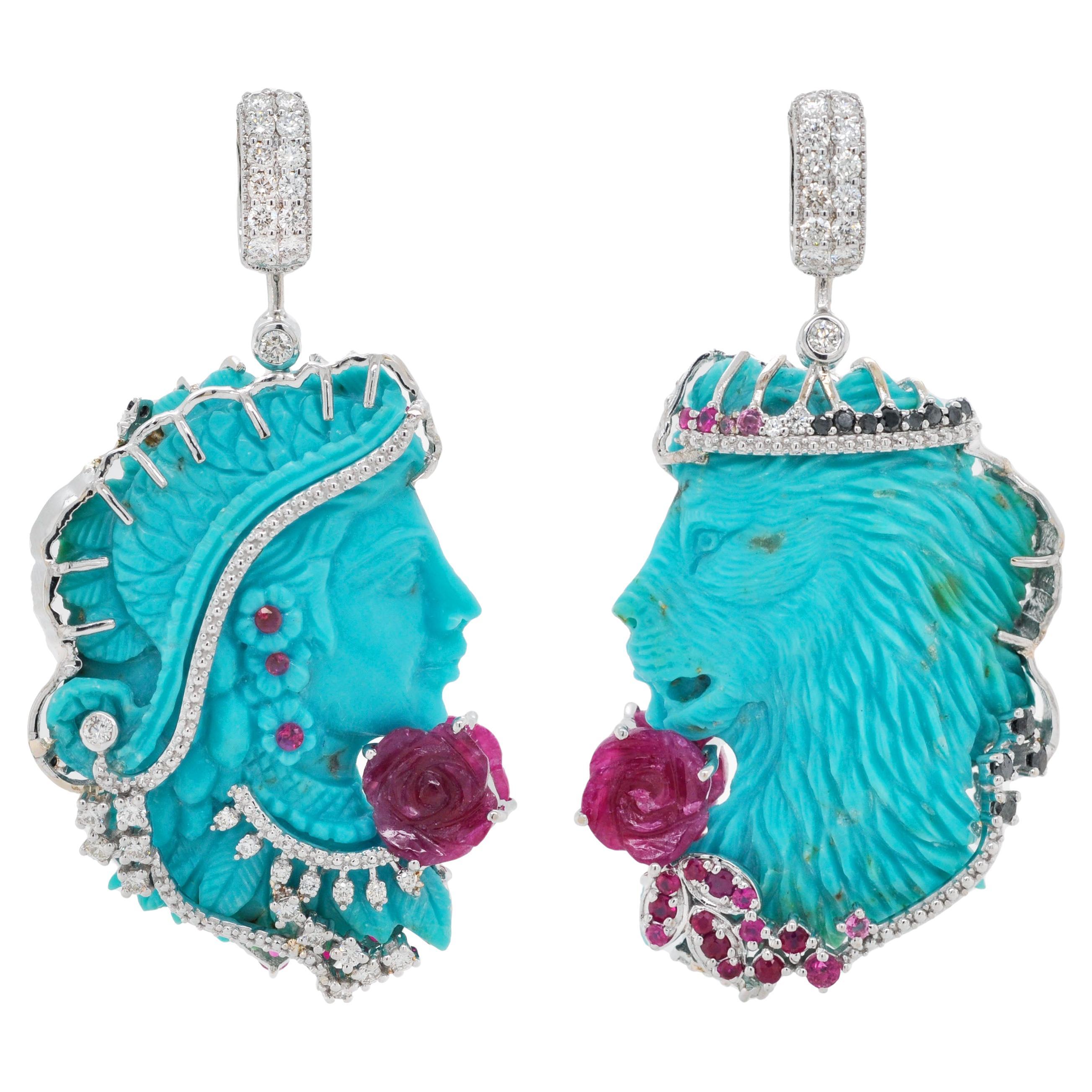 18K White Gold Reversible Hand-Engraved Turquoise Ruby Diamond Sapphire Pendant