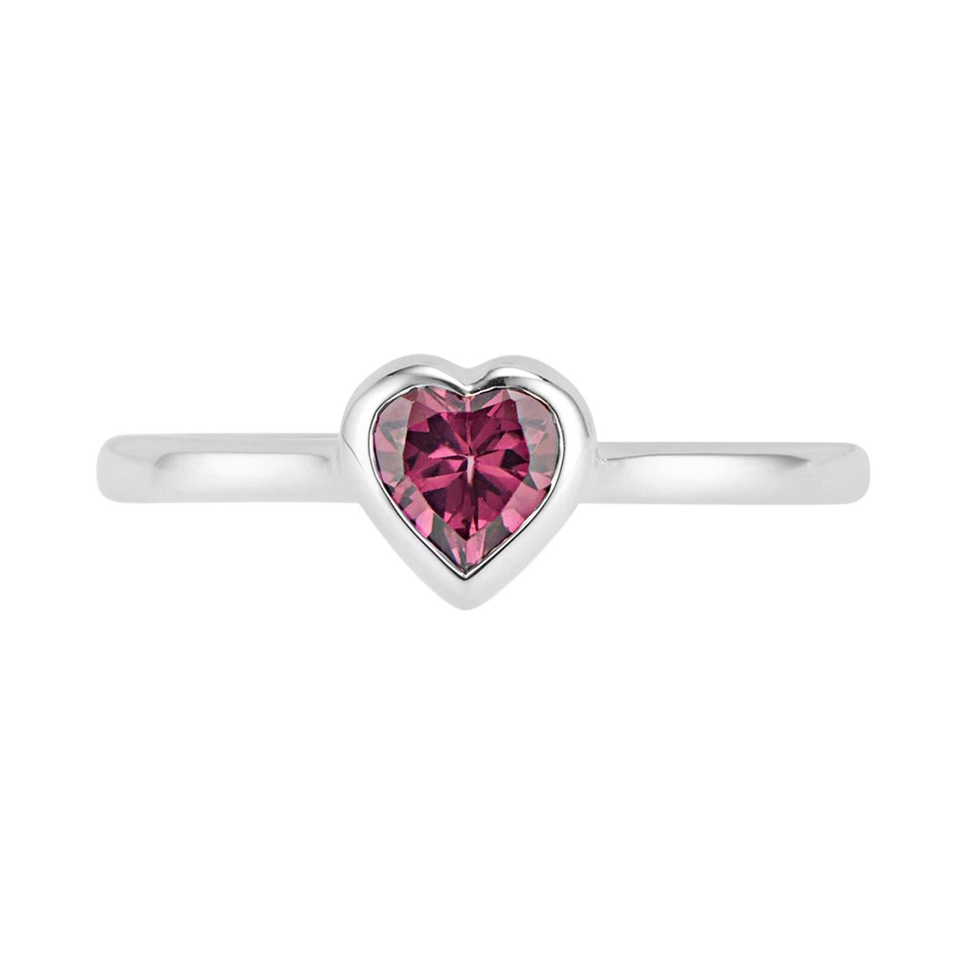 Bague cœur en or blanc 14 carats avec grenat rhodolite