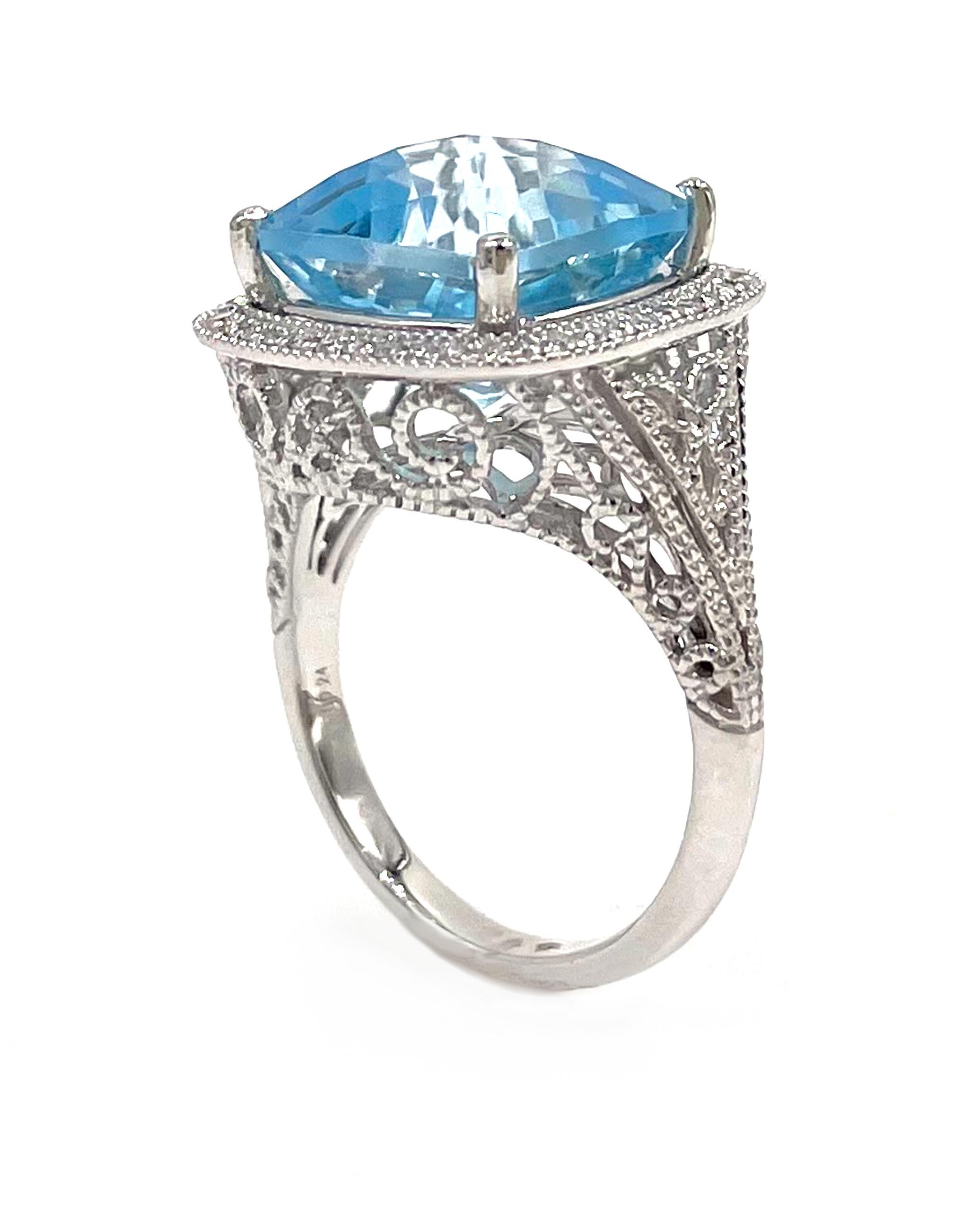 Cushion Cut 14K White Gold Right Hand Filigree Ring with Blue Topaz and Diamonds