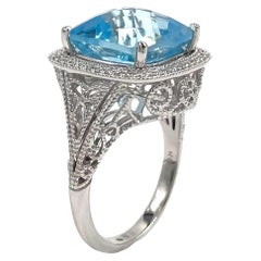 14K White Gold Right Hand Filigree Ring with Blue Topaz and Diamonds