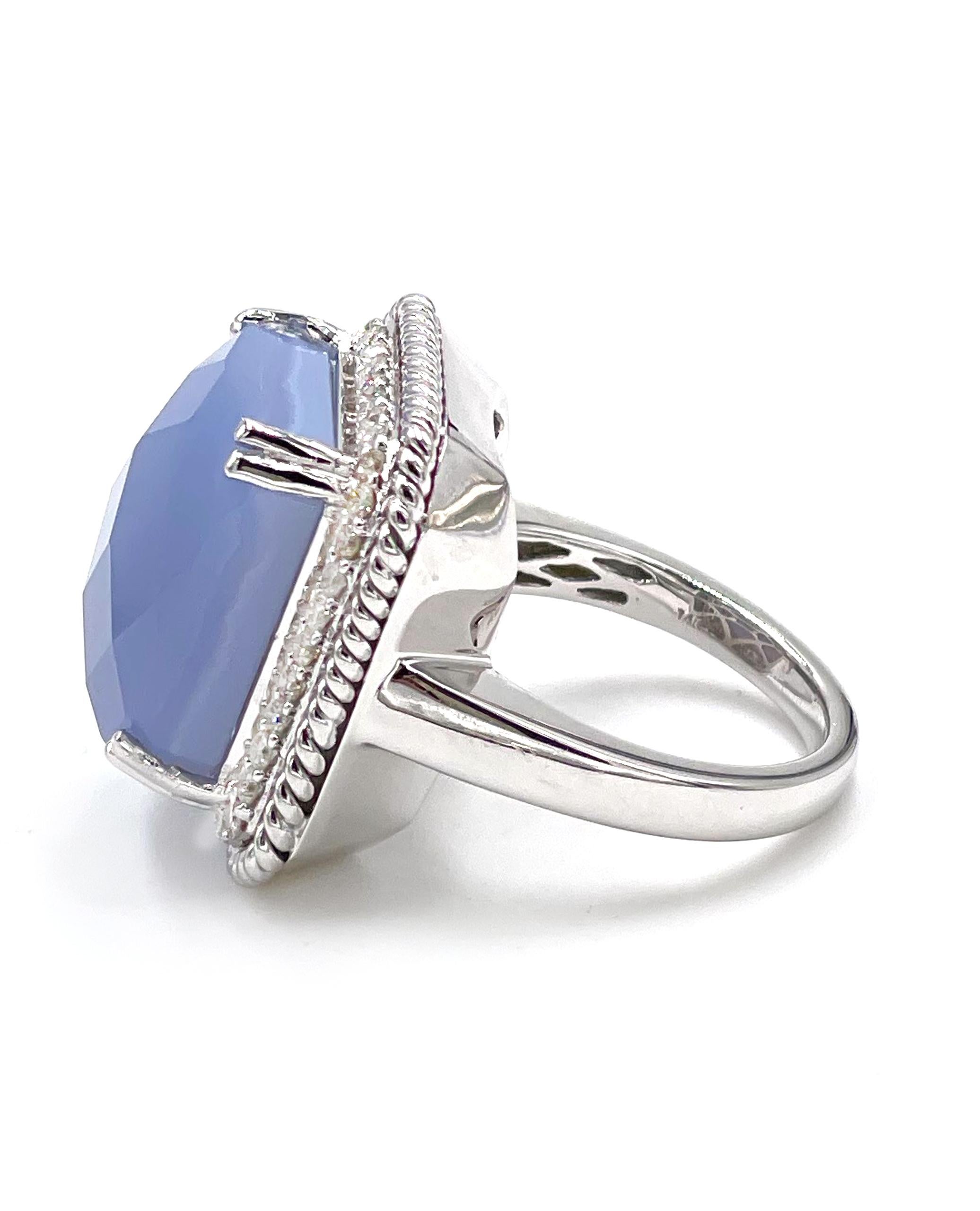 Contemporary 14K White Gold Right Hand Ring with Diamonds and Chalcedony For Sale