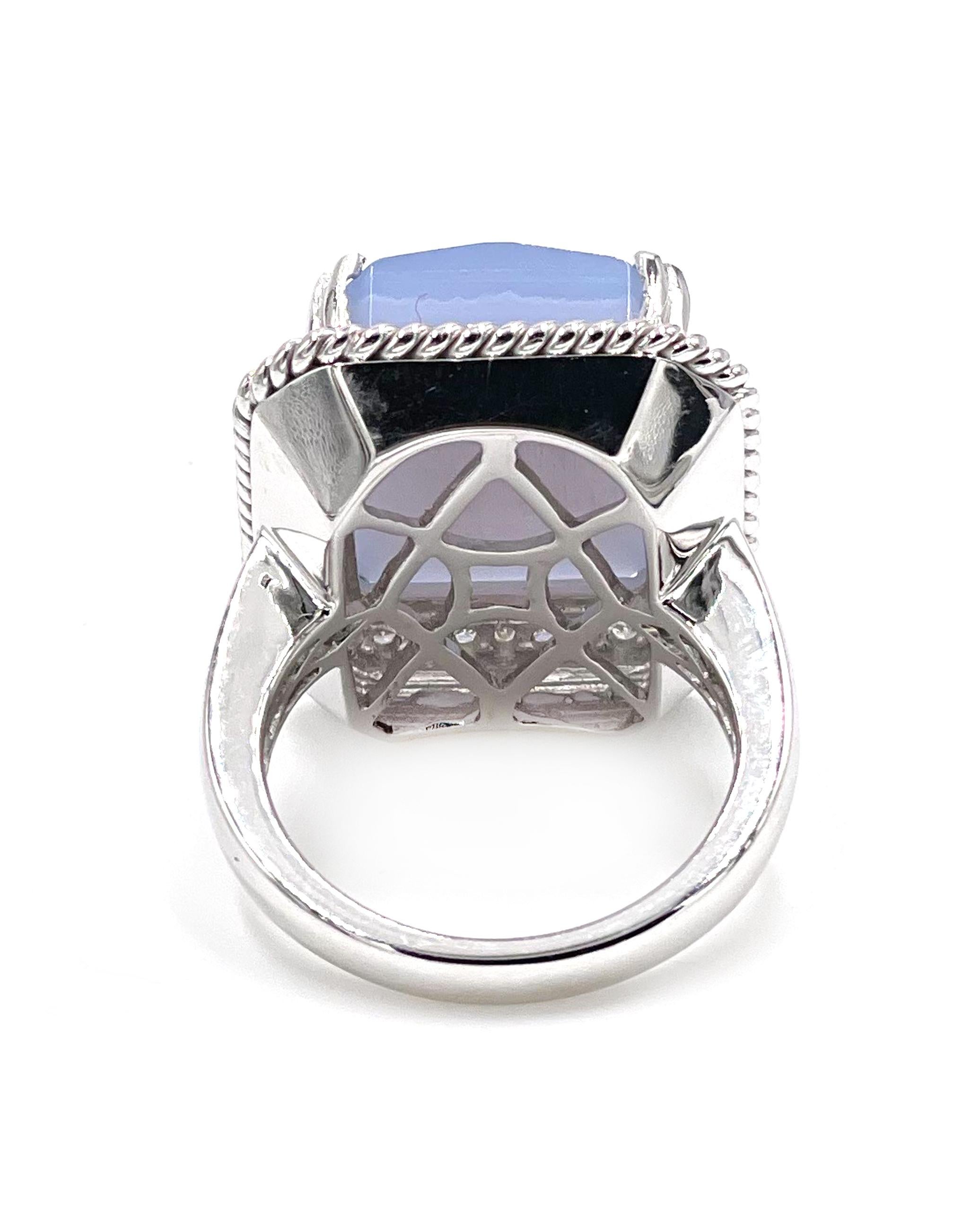 Mixed Cut 14K White Gold Right Hand Ring with Diamonds and Chalcedony For Sale