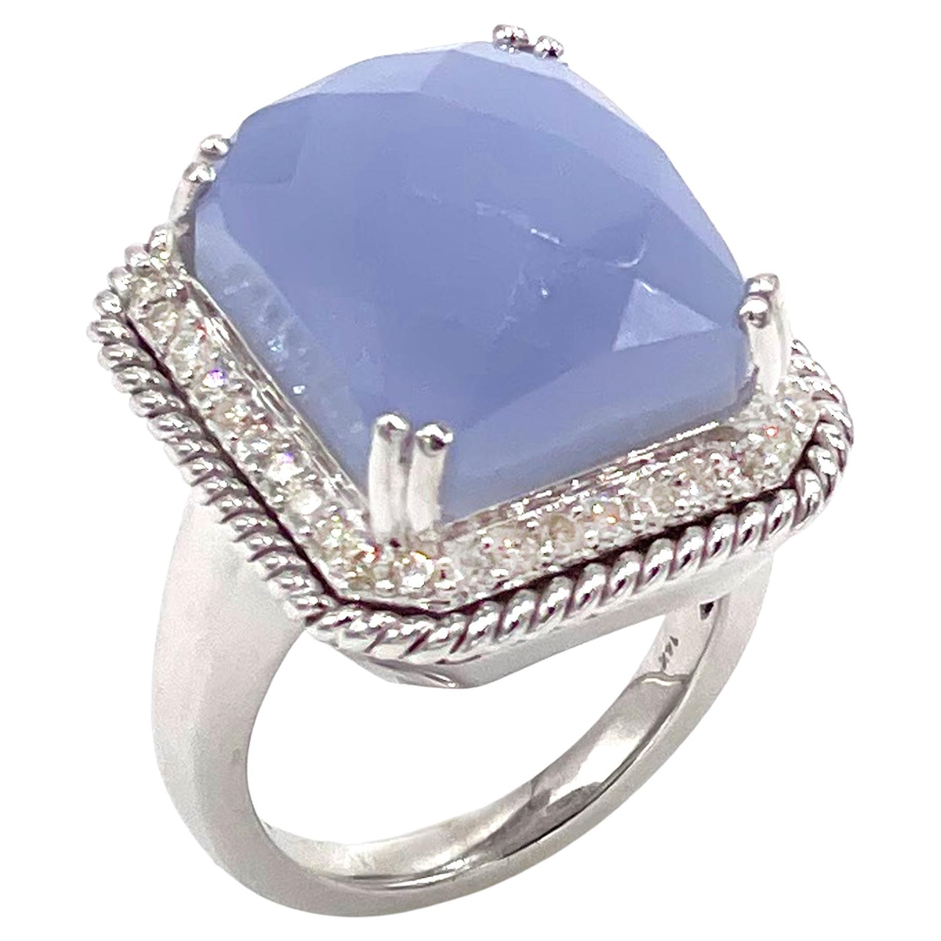 14K White Gold Right Hand Ring with Diamonds and Chalcedony For Sale