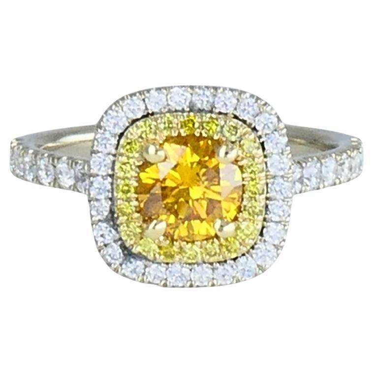 14k White Gold Ring Fancy Yellow Orange Diamond GIA Double Halo Estate Jewelry For Sale