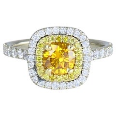 Used 14k White Gold Ring Fancy Yellow Orange Diamond GIA Double Halo Estate Jewelry