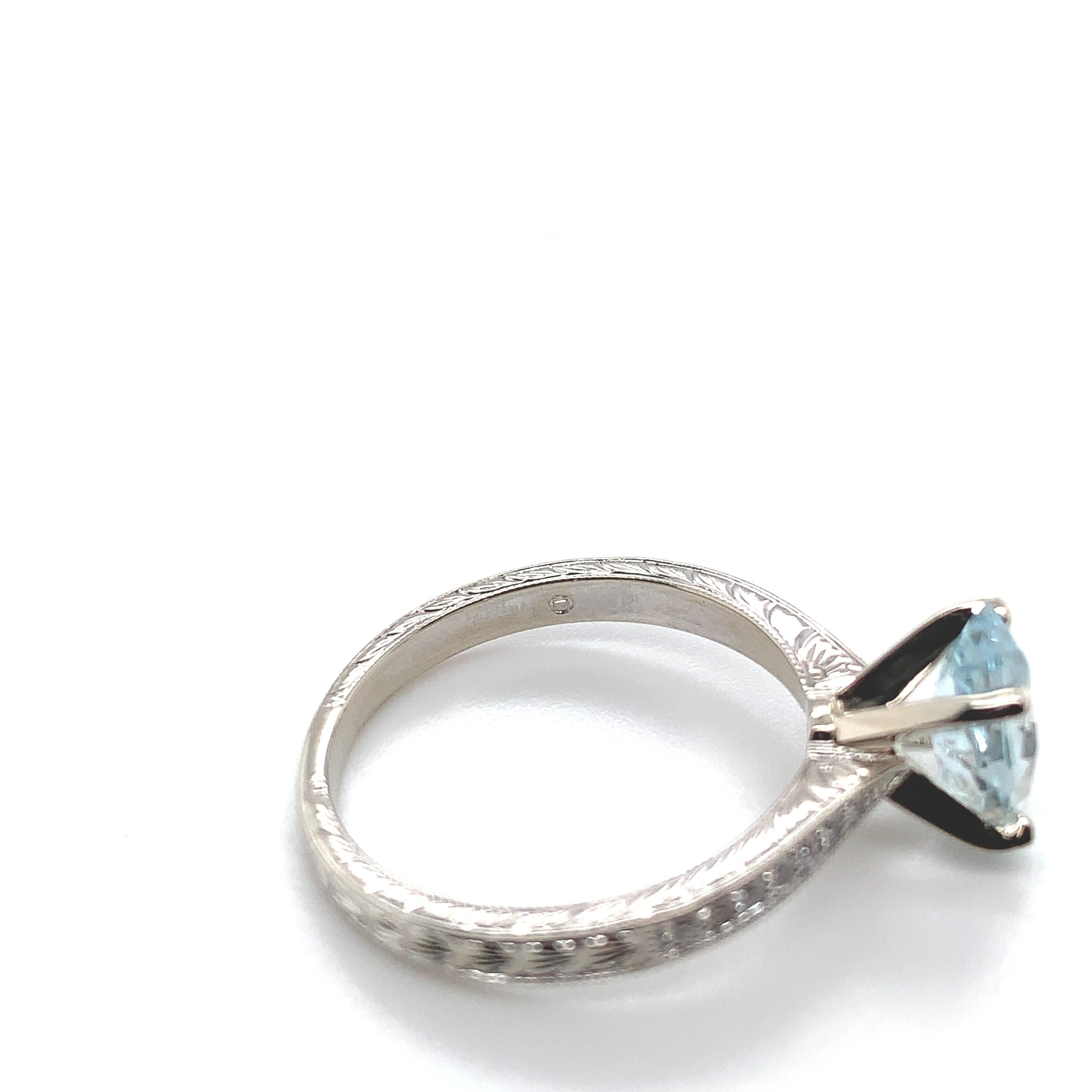 14K White gold Ring featuring a Specialty Cut Aquamarine Hand Engraved For Sale 4