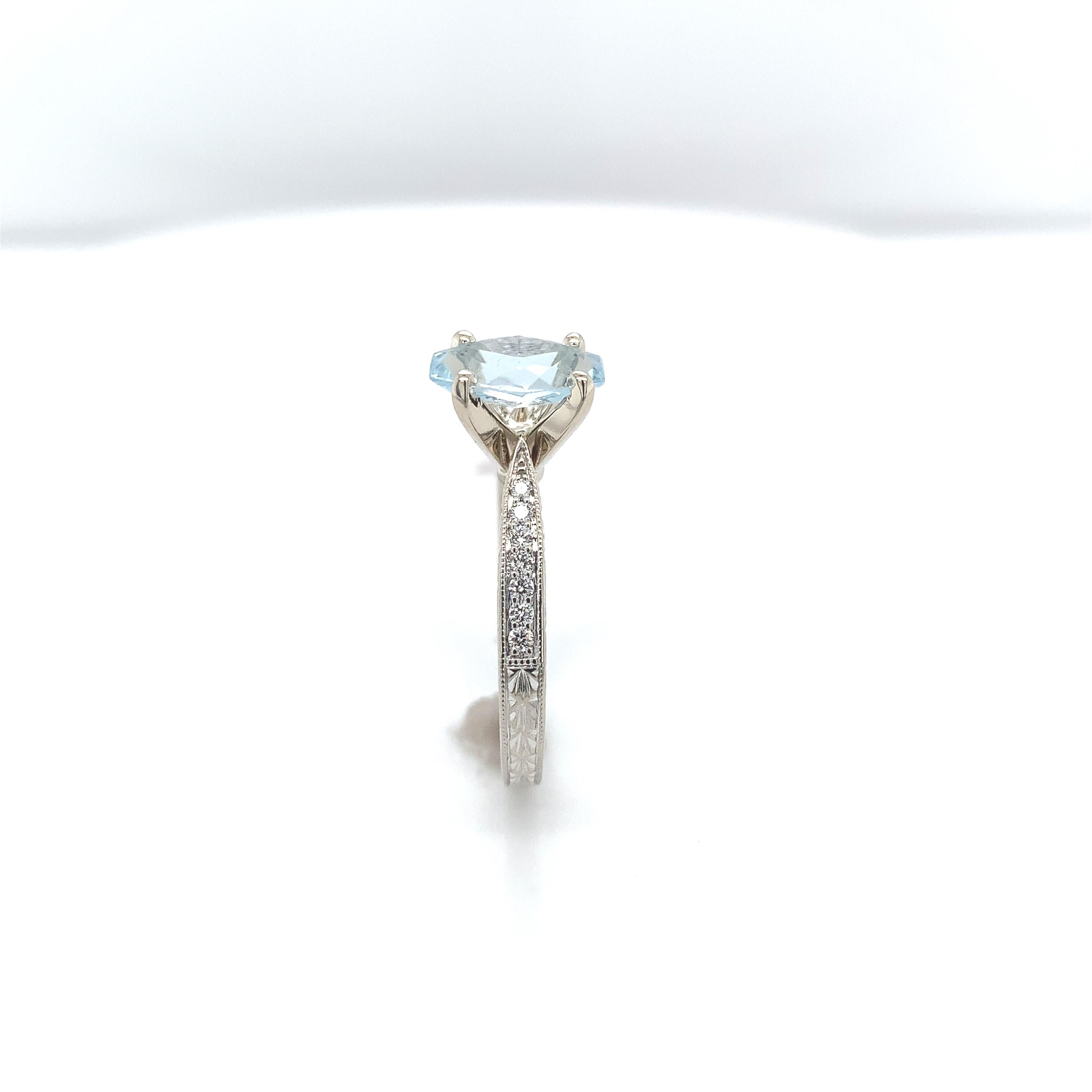 Round Cut 14K White gold Ring featuring a Specialty Cut Aquamarine Hand Engraved For Sale