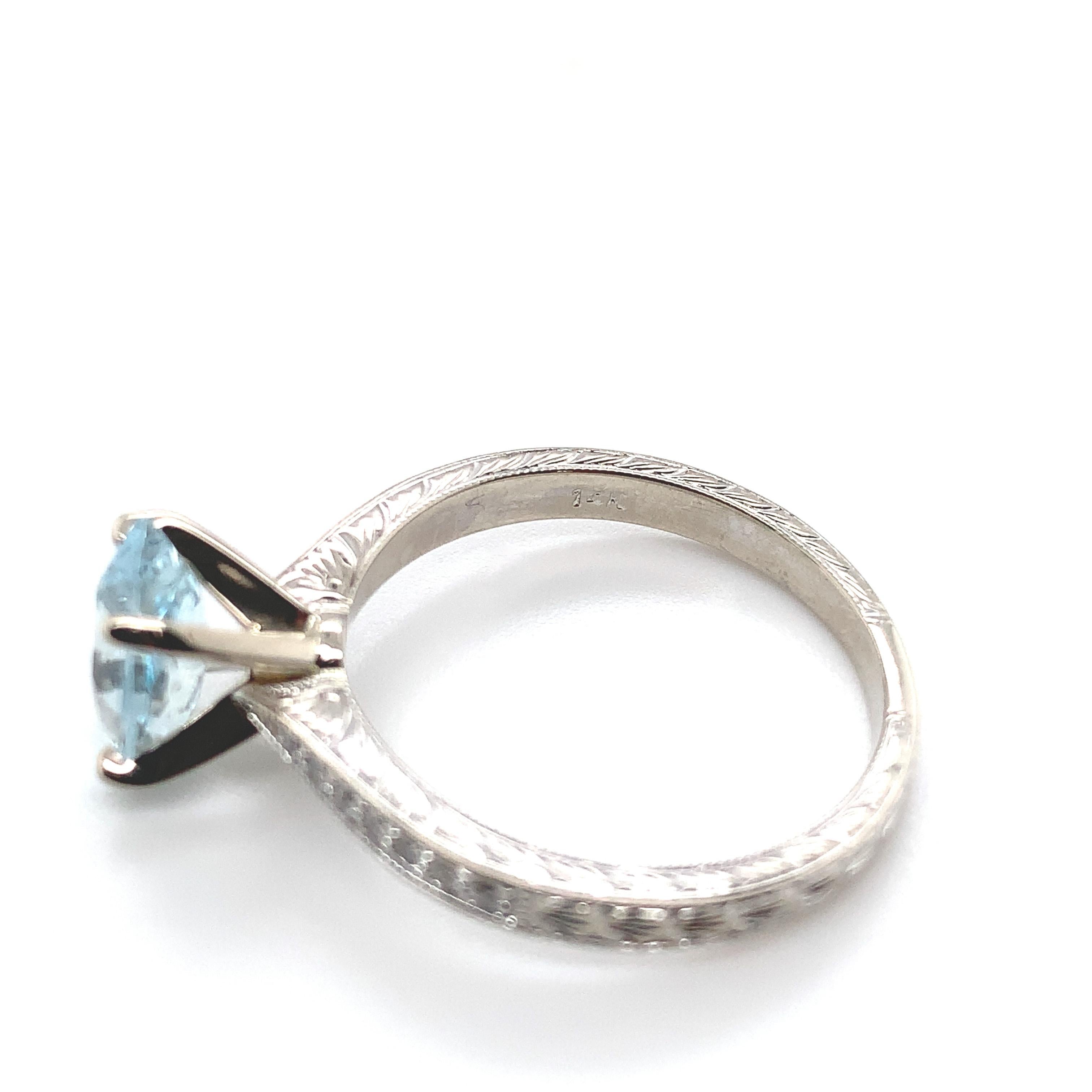 14K White gold Ring featuring a Specialty Cut Aquamarine Hand Engraved For Sale 3