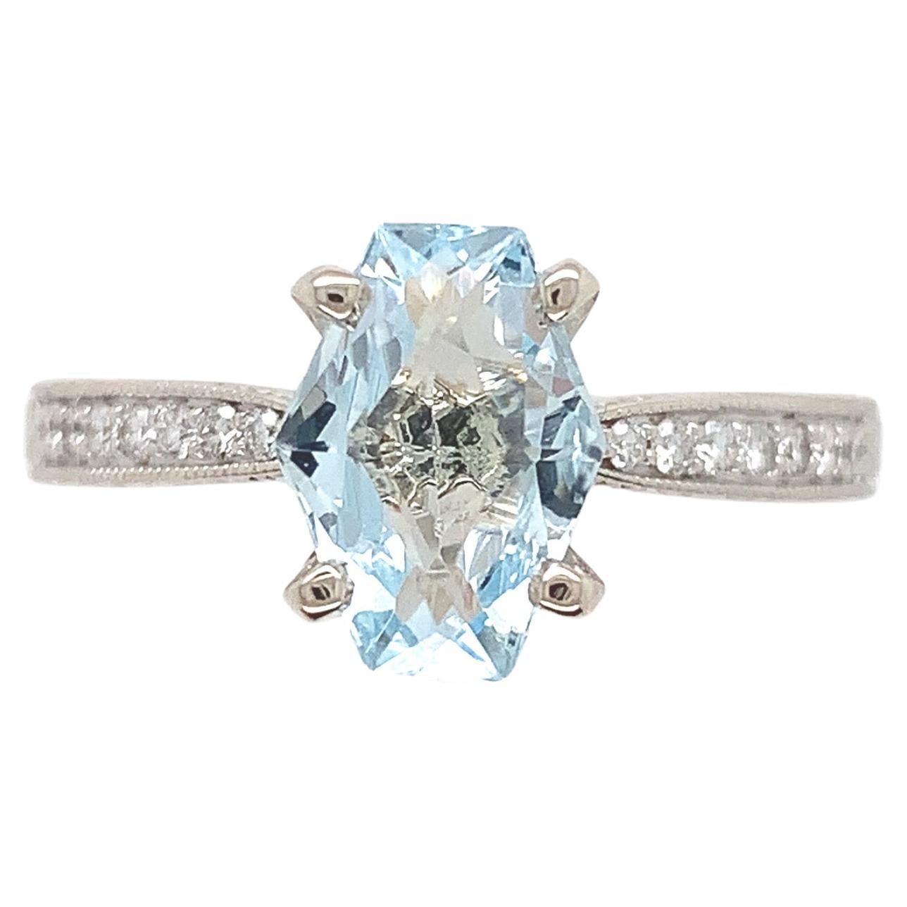 14K White gold Ring featuring a Specialty Cut Aquamarine Hand Engraved