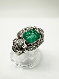14K White Gold Ring Featuring Emeralds and Diamonds