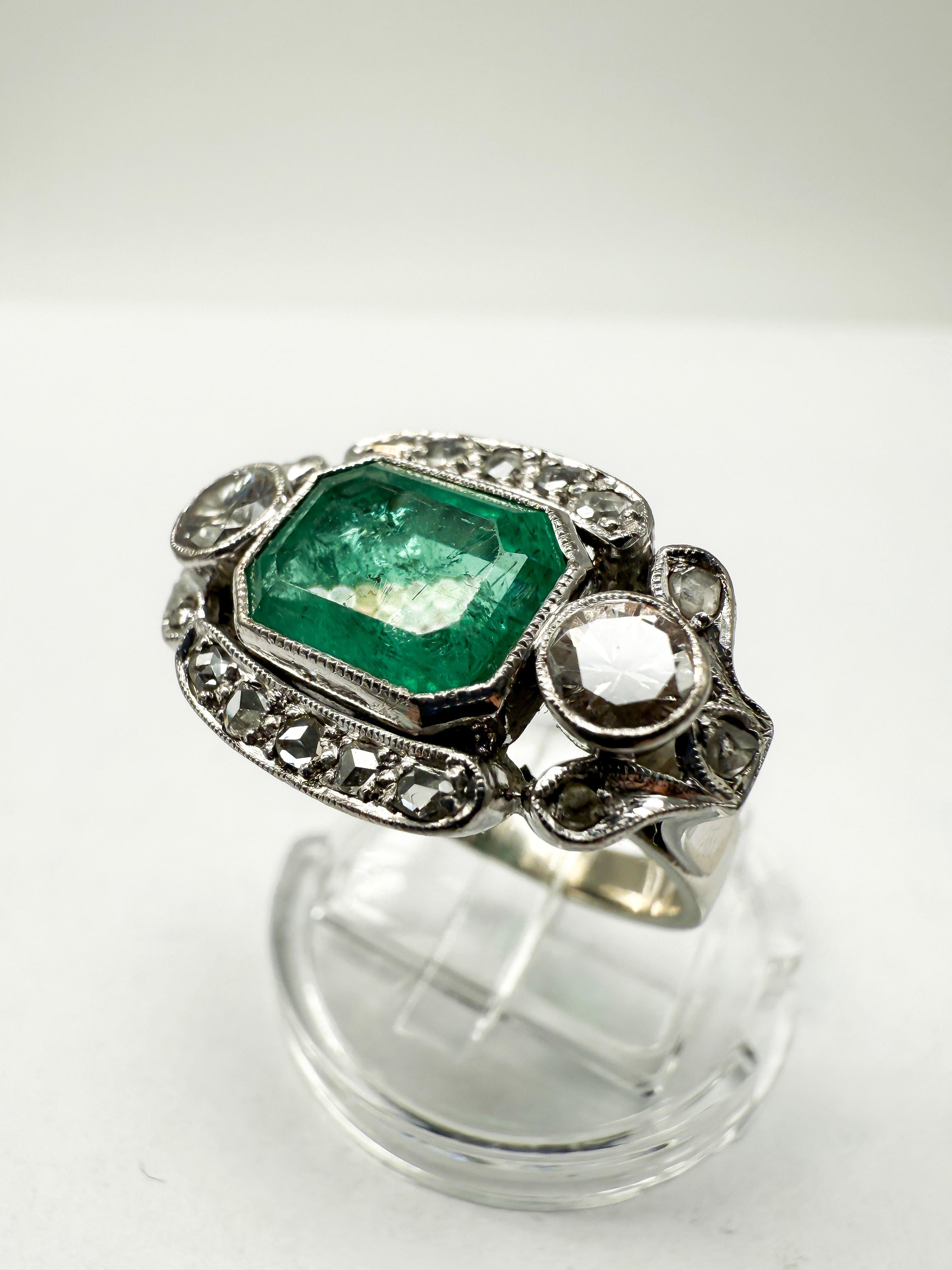 Art Deco 14K White Gold Ring Featuring Emeralds and Diamonds For Sale