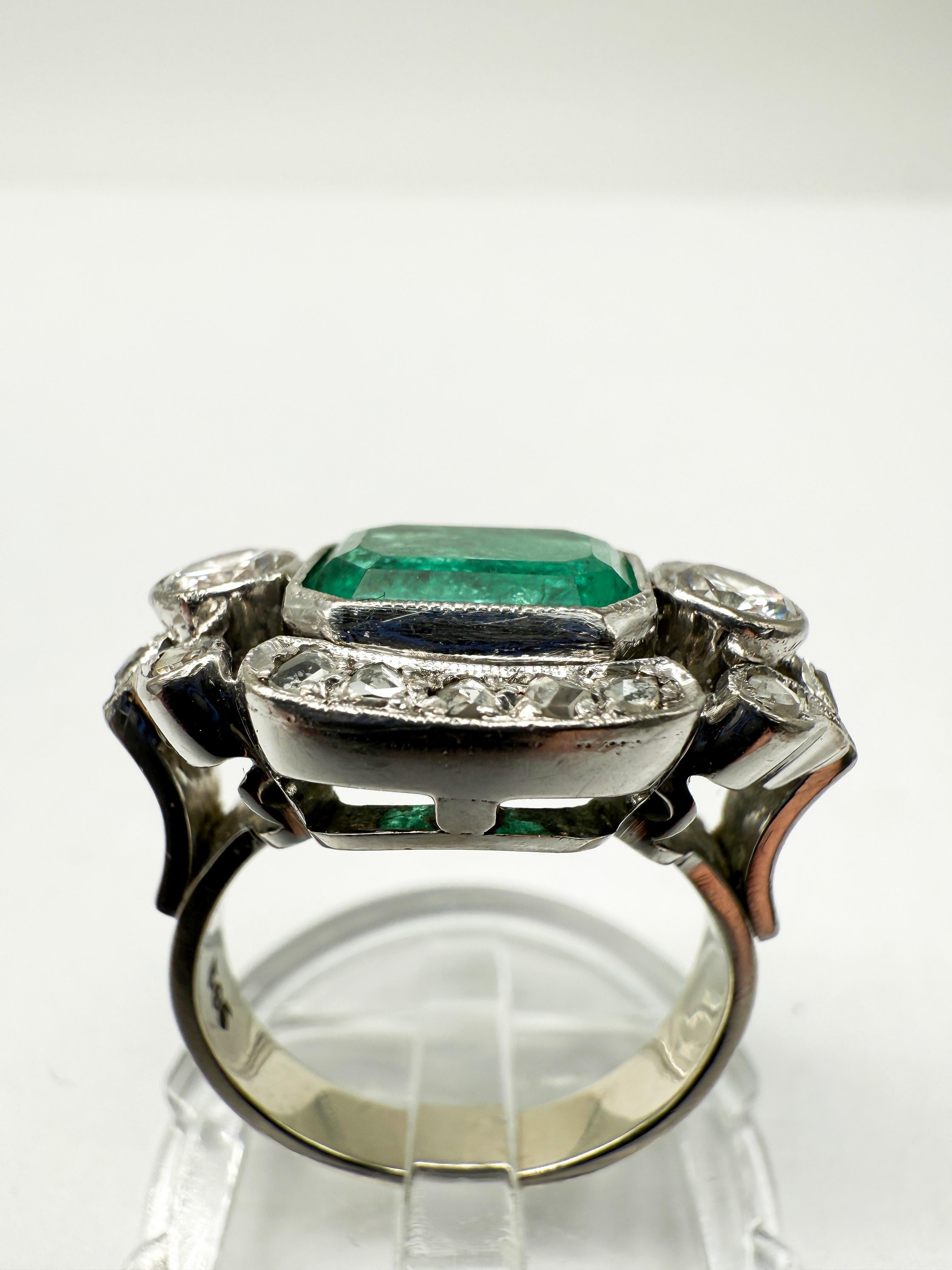 Emerald Cut 14K White Gold Ring Featuring Emeralds and Diamonds For Sale