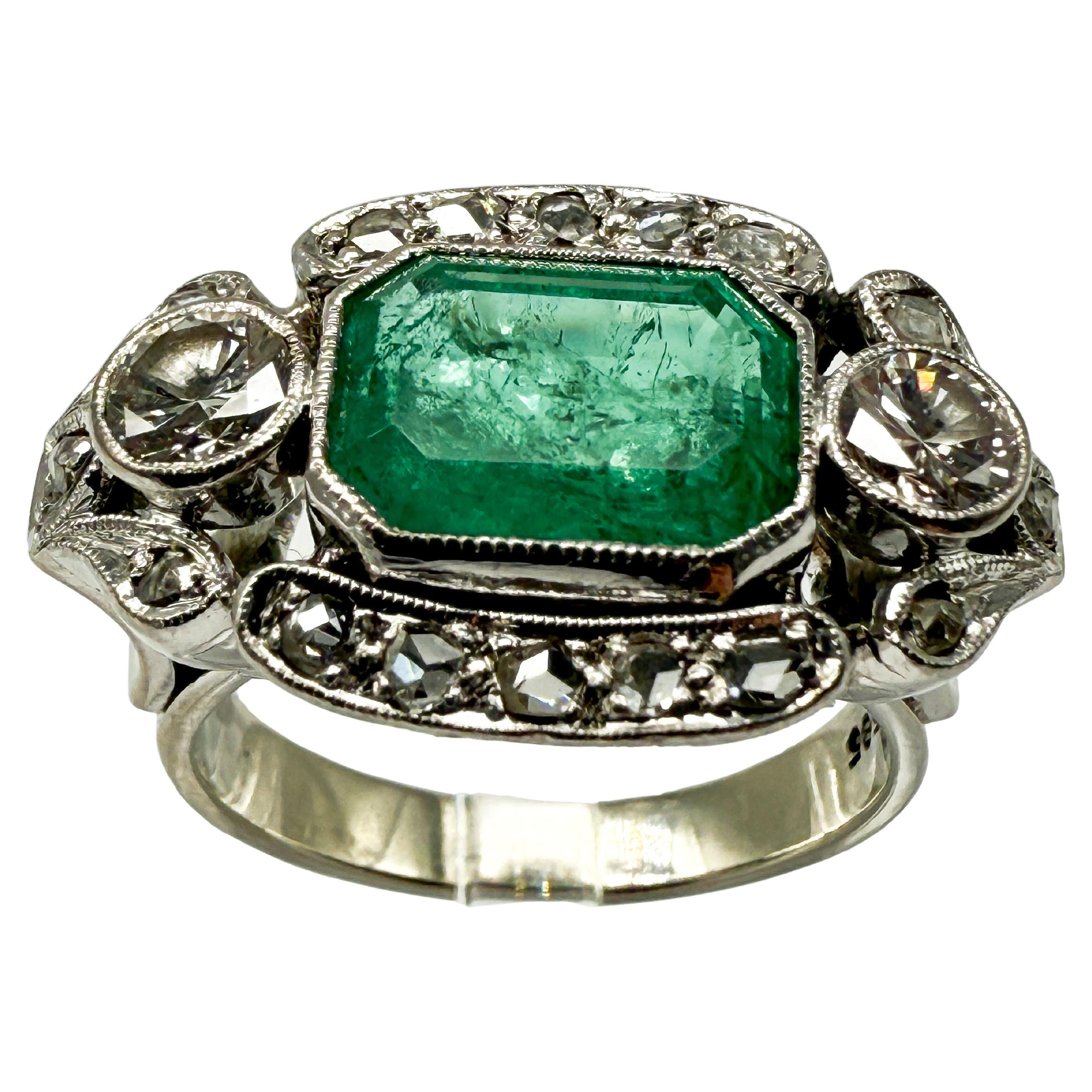14K White Gold Ring Featuring Emeralds and Diamonds