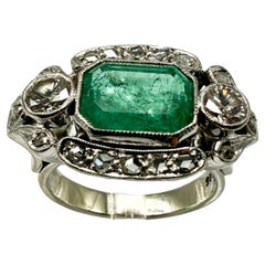 14K White Gold Ring Featuring Emeralds and Diamonds