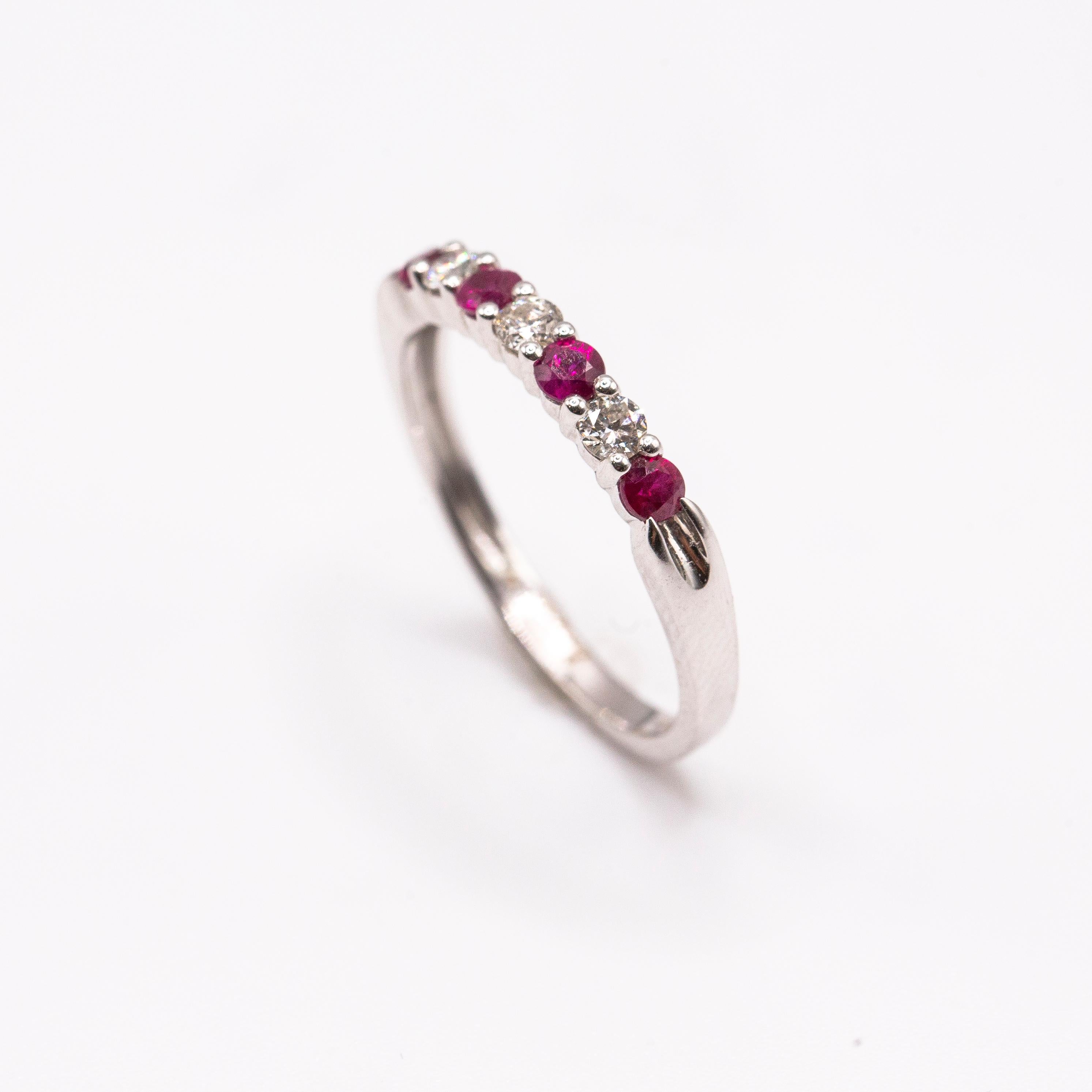 Round Cut 14k White Gold Ring/ Ruby and Diamond Wedding Band/ Stackable 0.26 Carats For Sale