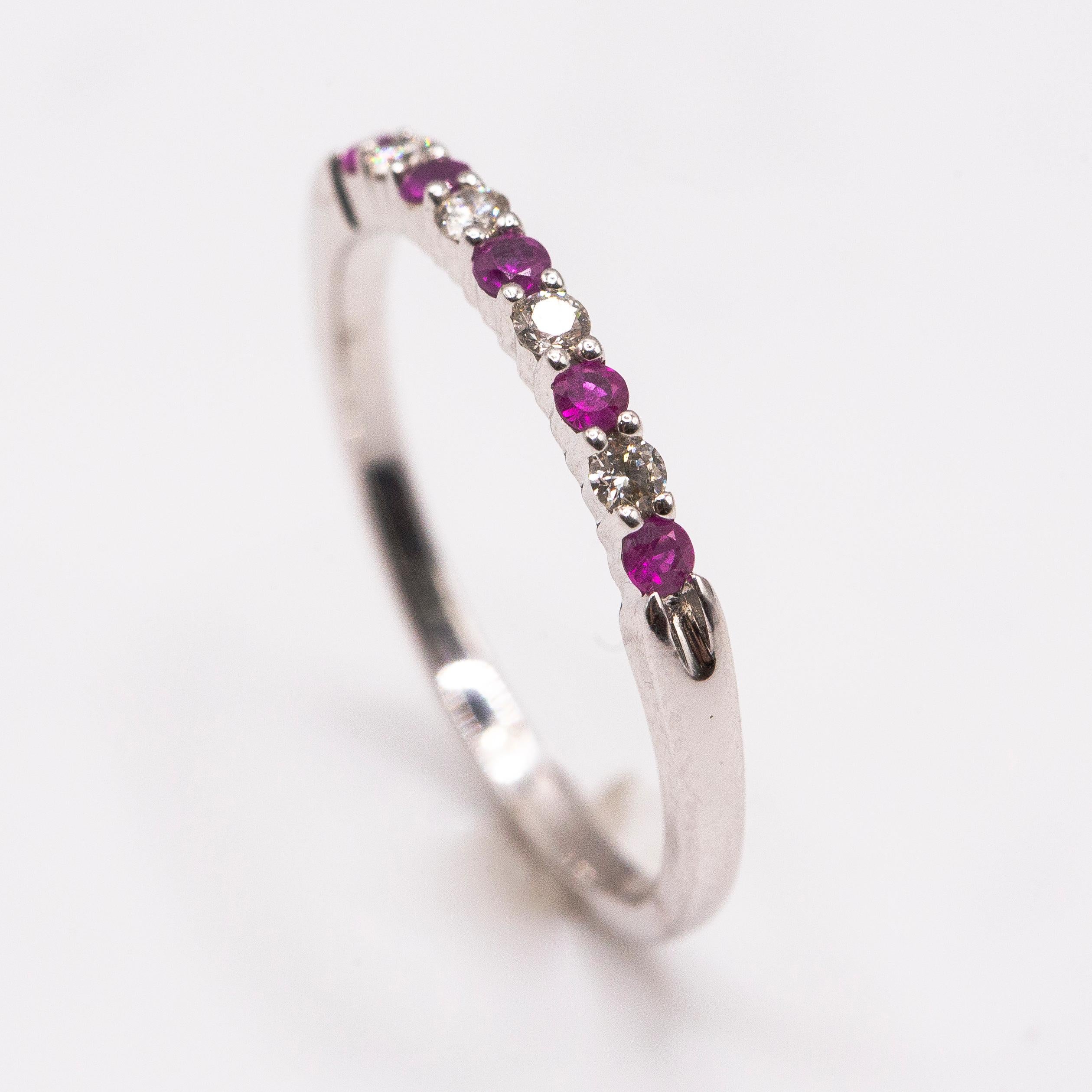 14k White Gold Ring/ Ruby and Diamond Wedding Band/ Stackable 0.26 Carats For Sale 2