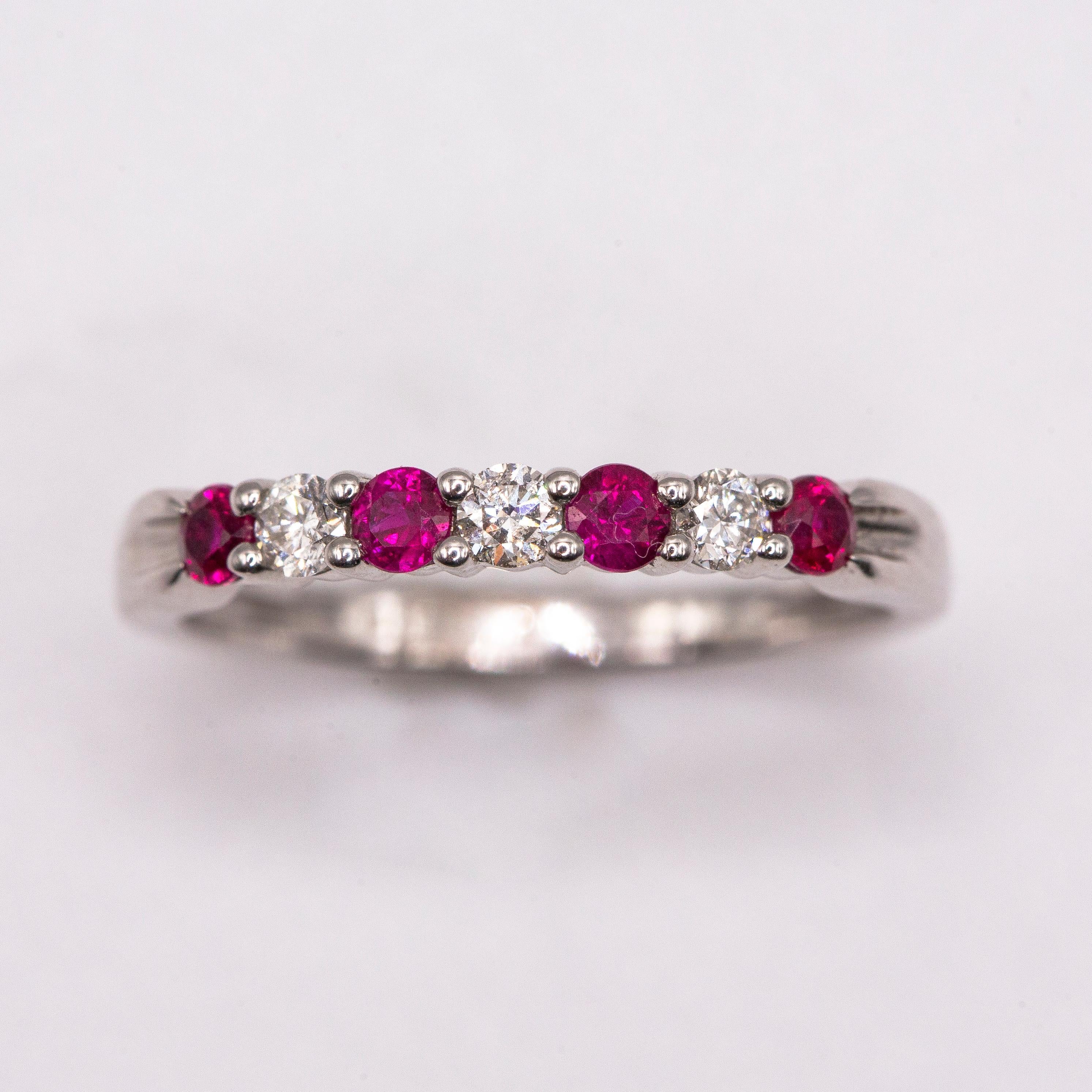 14k White Gold Ring/ Ruby and Diamond Wedding Band/ Stackable 0.26 Carats For Sale