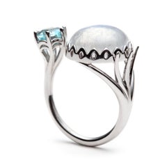 14k White Gold Ring set With Moonstone Cabochon and Hexagonal Aquamarine