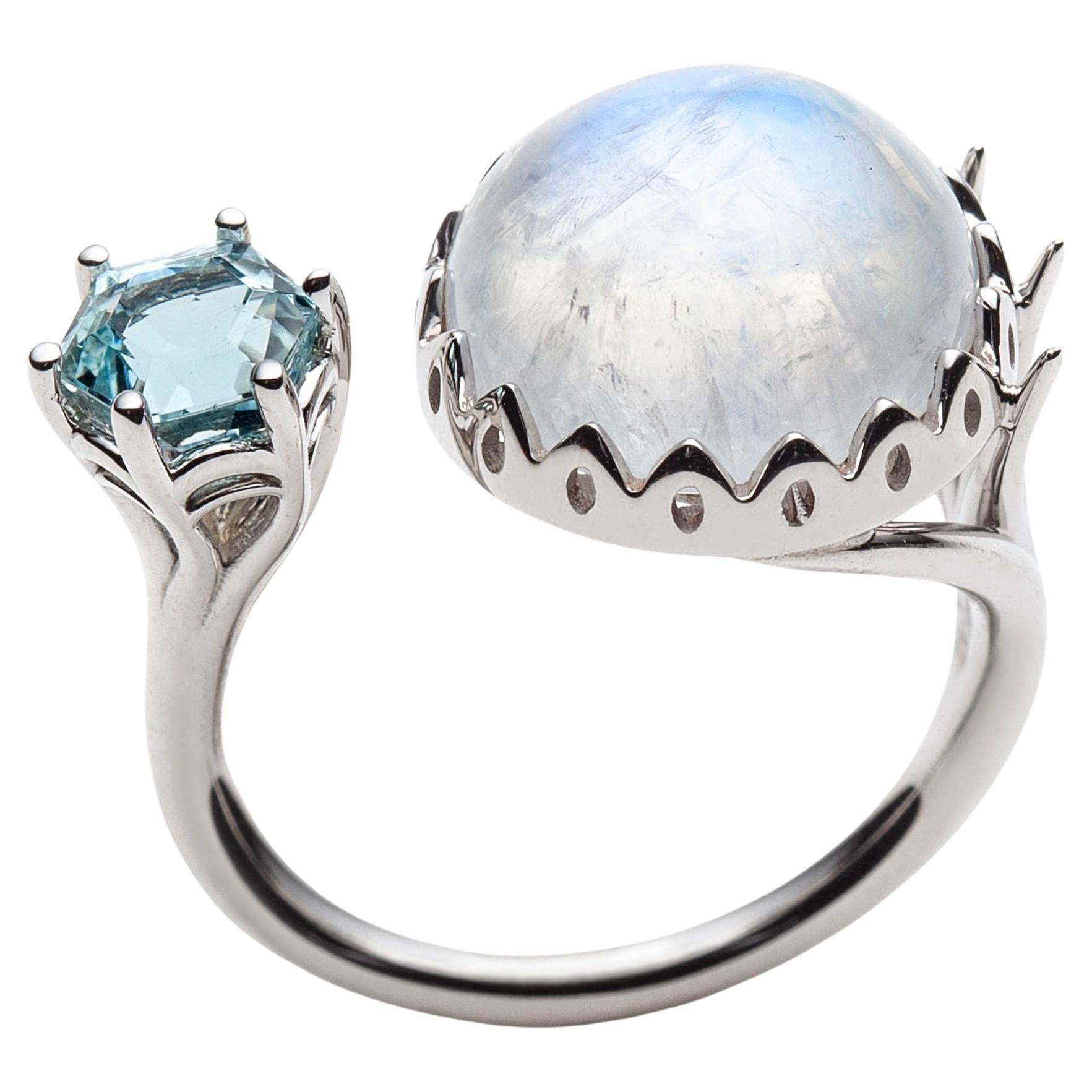 14k White Gold Ring set With Moonstone Cabochon and Hexagonal Aquamarine