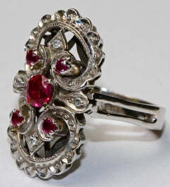 14K White Gold Ring Studded With Rubies And Diamonds