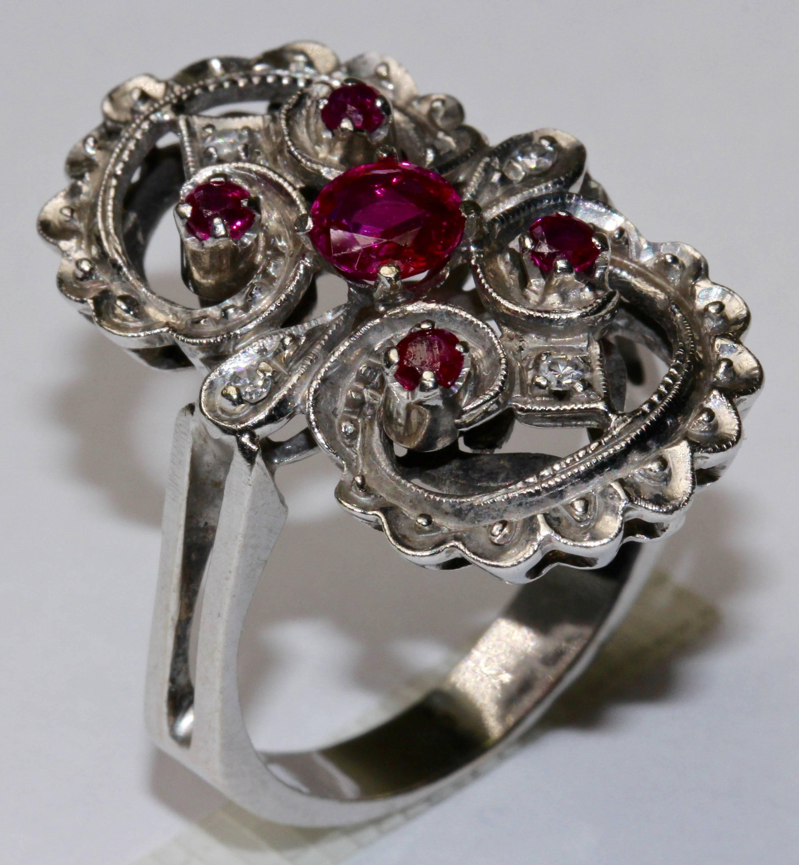Women's 14K White Gold Ring Studded With Rubies And Diamonds For Sale