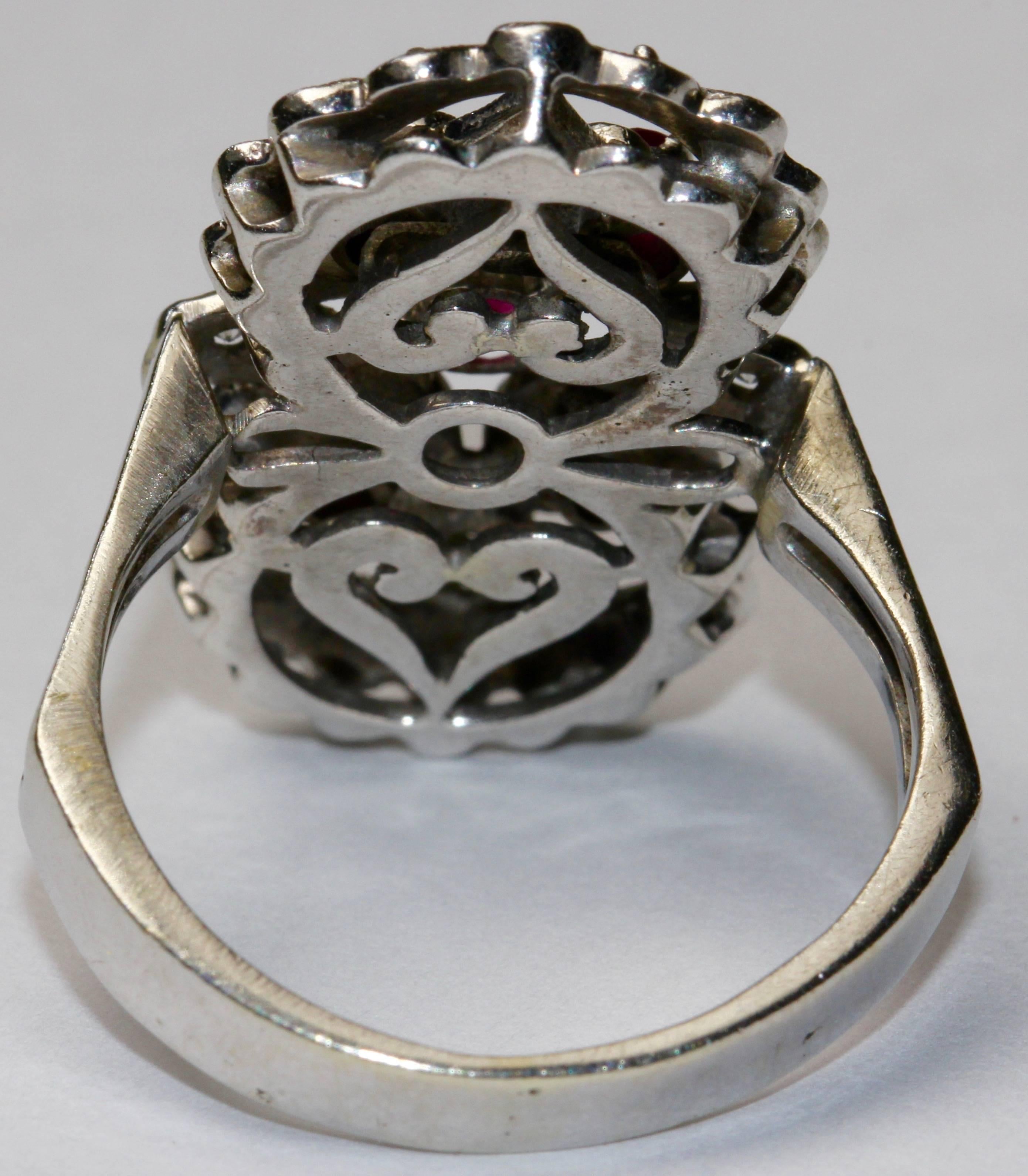 14K White Gold Ring Studded With Rubies And Diamonds For Sale 1