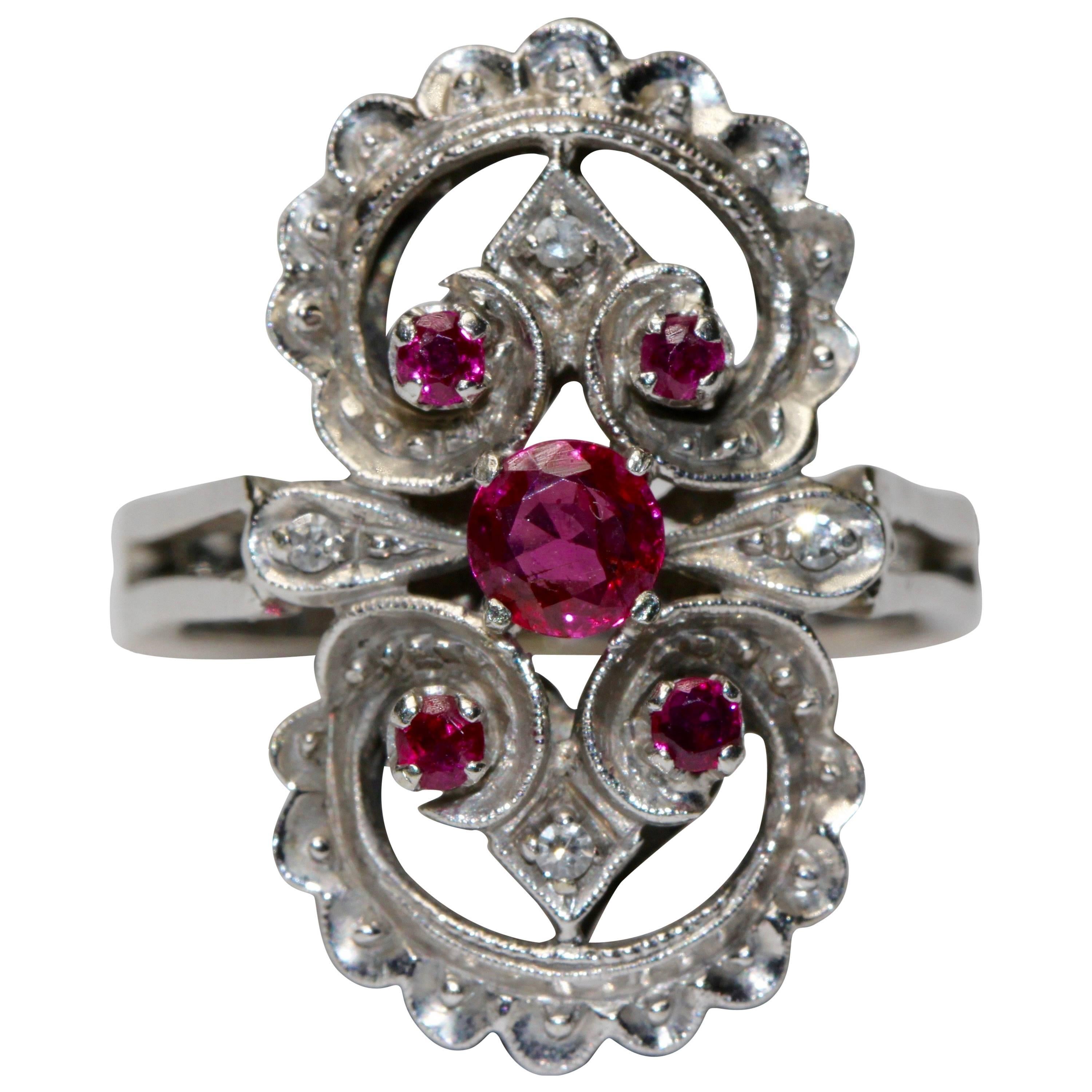 14K White Gold Ring Studded With Rubies And Diamonds For Sale