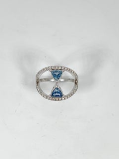 14K White Gold Ring w/ Two Trillion Sapphires 1.00 CTW and Diamonds .50 CTW