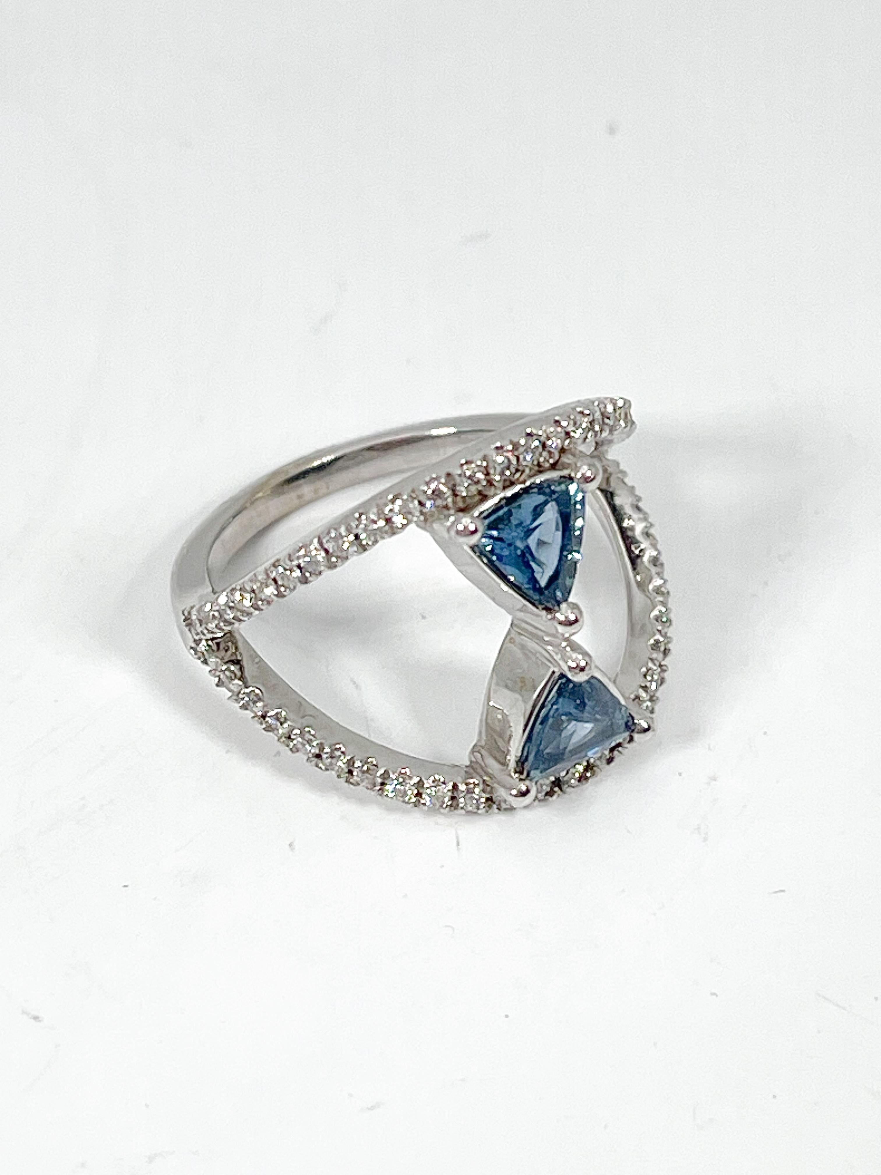 Trillion Cut 14K White Gold Ring w/ Two Trillion Sapphires 1.00 CTW and Diamonds .50 CTW For Sale