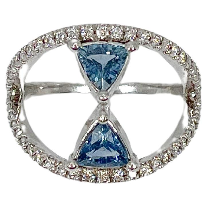 14K White Gold Ring w/ Two Trillion Sapphires 1.00 CTW and Diamonds .50 CTW For Sale