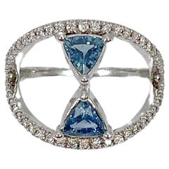 14K White Gold Ring w/ Two Trillion Sapphires 1.00 CTW and Diamonds .50 CTW