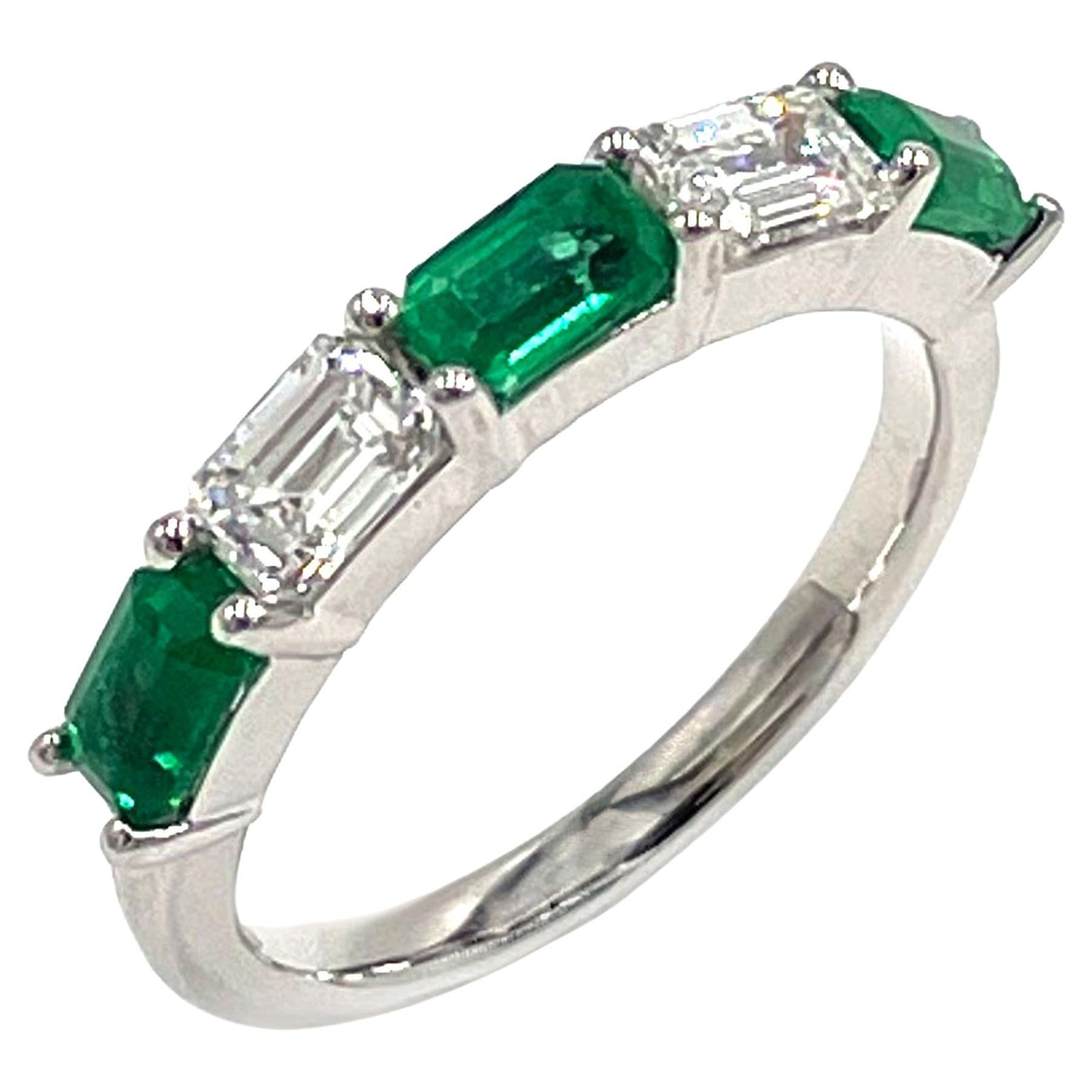 14K White Gold Ring with 0.87 Carat Emeralds and 0.70 Carats Diamonds