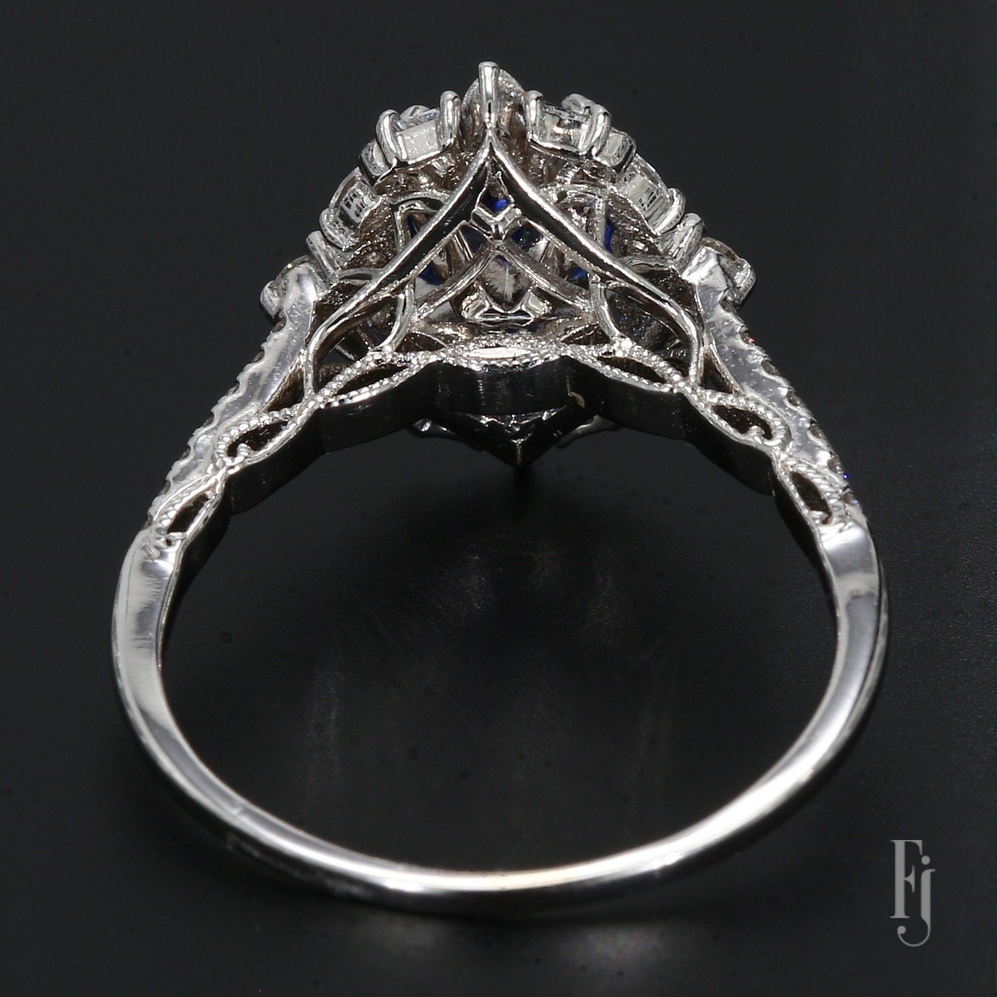 14k Weißgold Ring mit 1,2ct. Blauer Laborsaphir & Diamanten - Ringgröße 8.25 (Ovalschliff) im Angebot