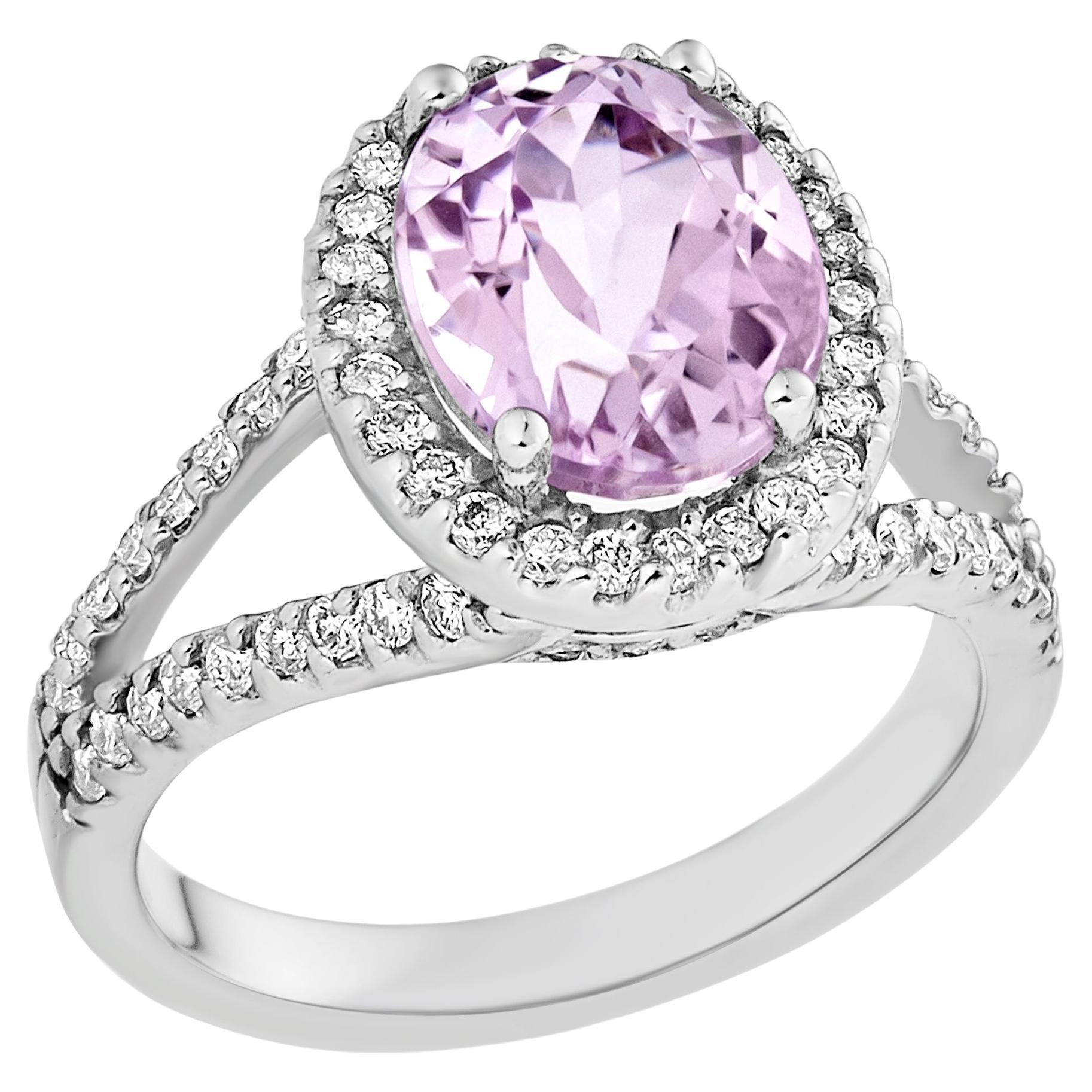 14K White Gold Ring with 68 Round 1.2mm Diamonds & Oval Pink Kunzite by Manart For Sale